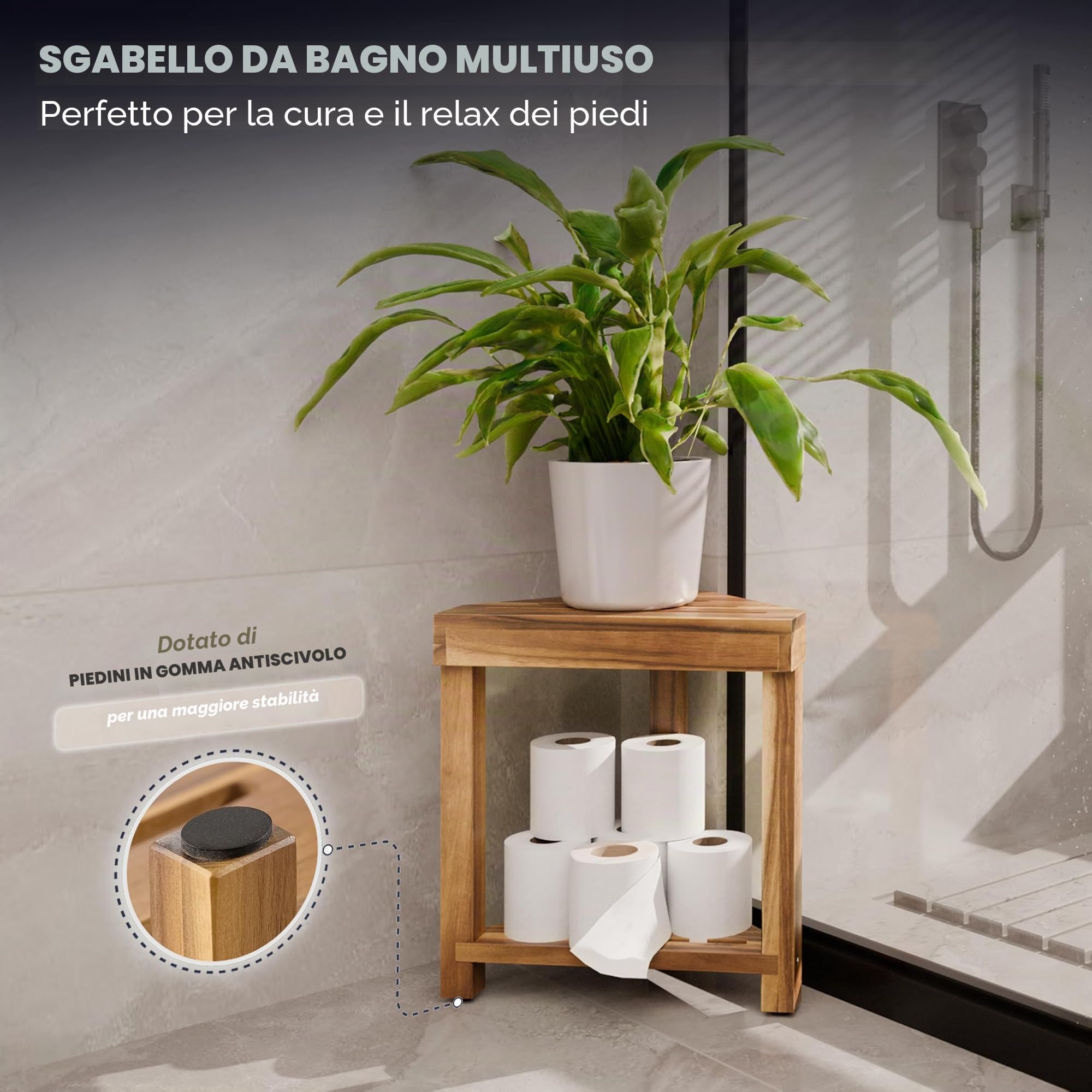 BLUEWEST Poggiapiedi per doccia, sgabello angolare da doccia, sgabello in legno per rasatura gambe all'interno della doccia, poggiapiedi impermeabile con ripiano portaoggetti per piccoli spazi doccia