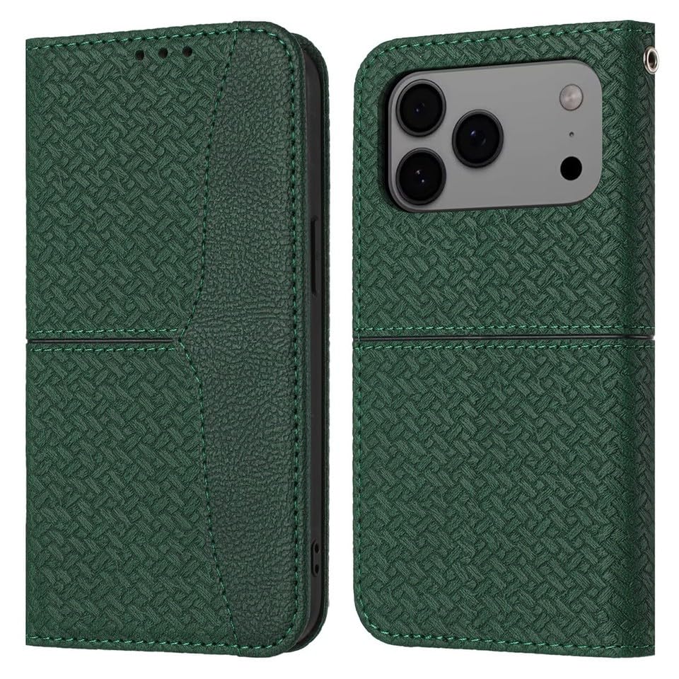 Étui en cuir iPhone 17 vert à rabat magnétique haut de gamme