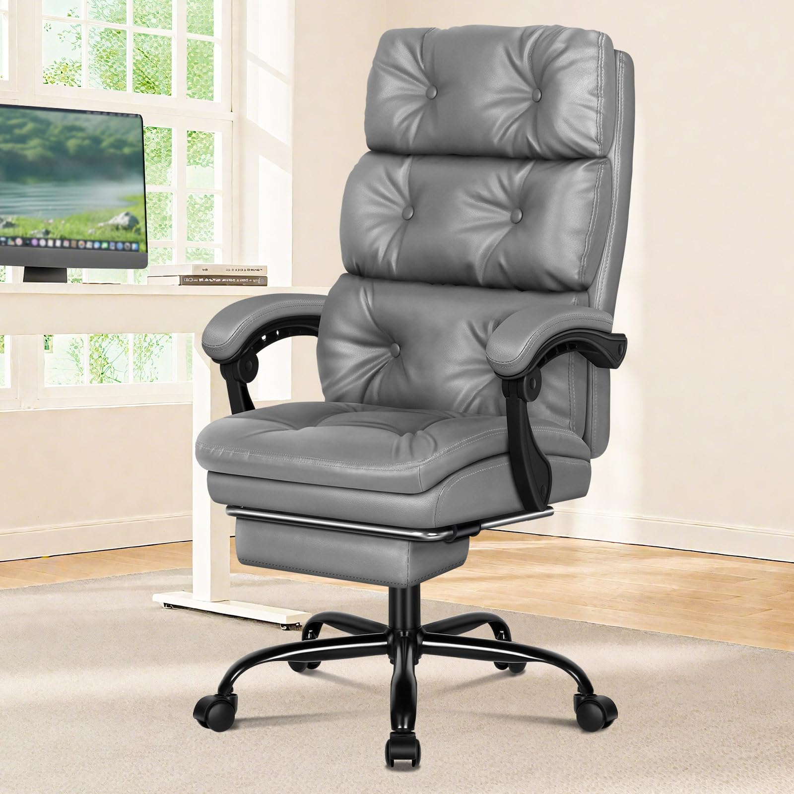 ALFORDSON Sedia Ufficio Ergonomica, Poltrona Direzionale, Girevole e Altezza Regolabile, da Scrivania in Studio con Poggiagambe e Rotelle, Portante di 180 kg, Similpelle(Grigia)