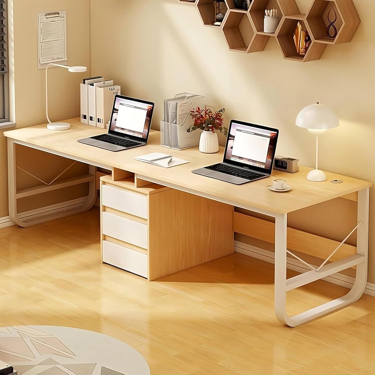 Double Desk with 3 Drawers Large Double Study Desk Wooden 2 Gaming Computer Home Office Dual Workstation