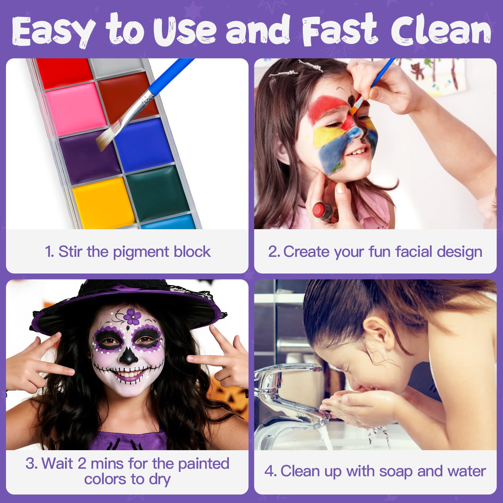 Kit de pintura facial para niños, pintura facial activada por agua de 12 colores con 2 pinceles, kit de maquillaje de Halloween no tóxico, pintura facial corporal profesional para Halloween, fiestas 5