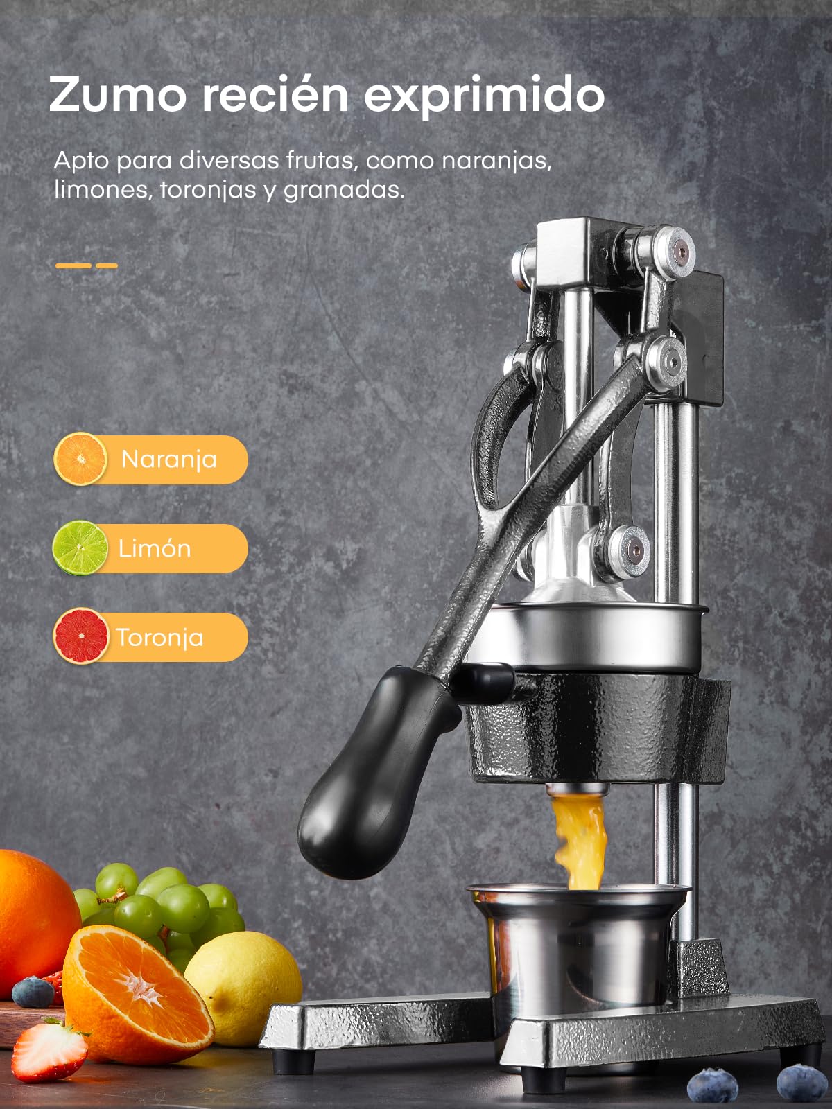 FOHERE Exprimidor Manual de Palanca de Hierro Fundido, Exprimidor de Limones, Naranjas y Granadas Profesional con Vaso de Acero Inoxidable de 400ml, Fácil de Limpiar