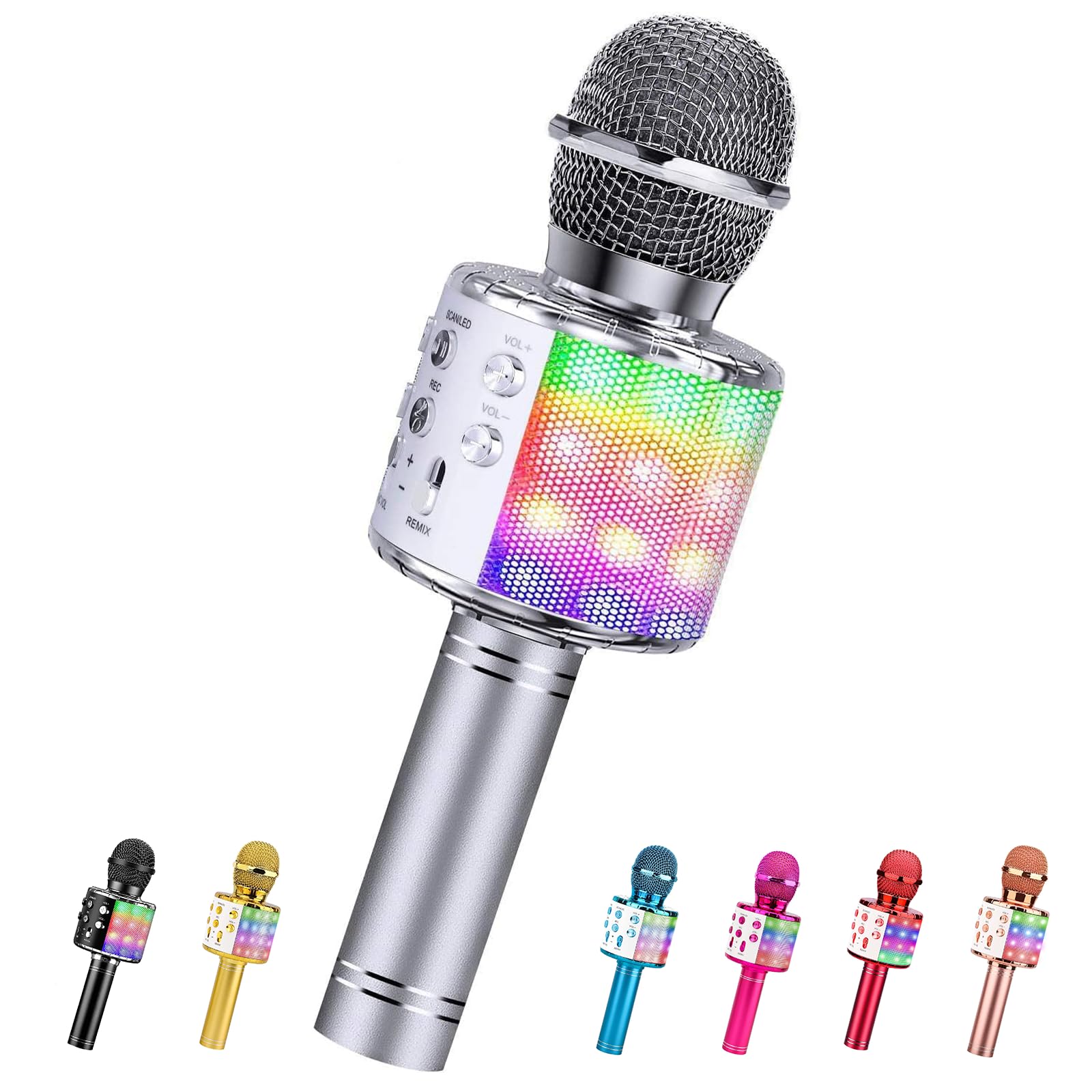 ShinePick Mikrofon Kinder Bluetooth, 4-in-1 Drahtloses Karaoke Mikrofon, Tragbare LED Microphone Spielzeug ab 4-12 Jahre, Heim KTV Karaoke Gerät kompatibel mit iOS Android PC(Silberfarben)