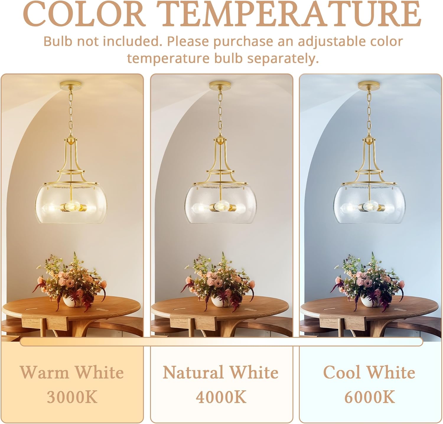 Industrial Round Chandelier Rustic Ceiling Light Fixture 3-Light Farmhouse Pendant Light with Seeded Glass Shade for Dining Room Hallway Entryway Kitchen Bedroom, Gold