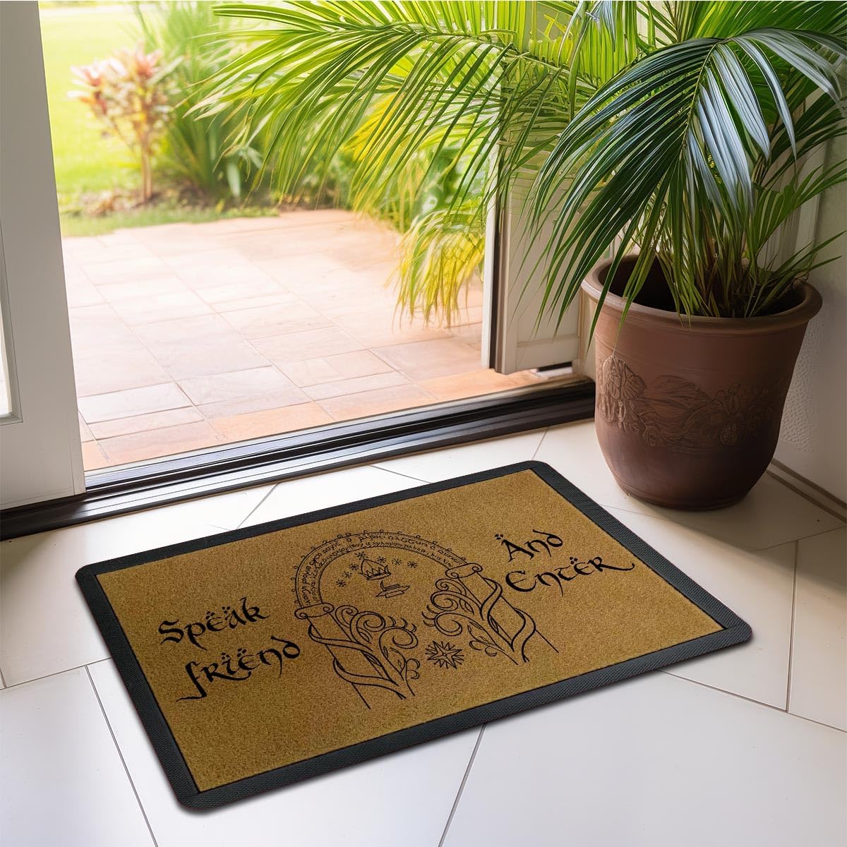 Funny Welcome Doormat for Front Door Entrance 30x17 Non Slip Rubber Backing Low Profile Indoor Outdoor Faux Coir Mat Cute Porch Decor Entryway Floor Mat Housewarming Gift(Speak Friend and Enter)