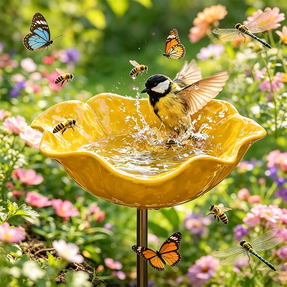 Handmade Metal Flower Garden Stake,Flower-Shaped Bee Watering Station,Weather Resistant Feeding Bowl with Metal Stake,Decor Outdoor Yard Art,Birdbath Bowl for Yard Lawn Patio Landscape Decor-Yellow