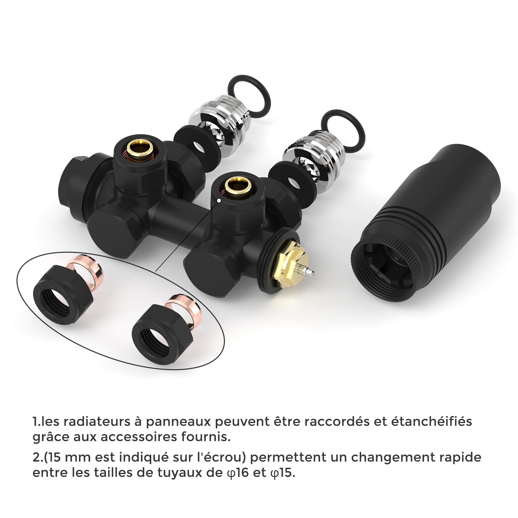 VANCOCO Noir Kit Multibloc Universel Pour Radiateur, Raccordement Central avec 50mm, Vannes Thermostatiques Pour Radiateur et Chauffage