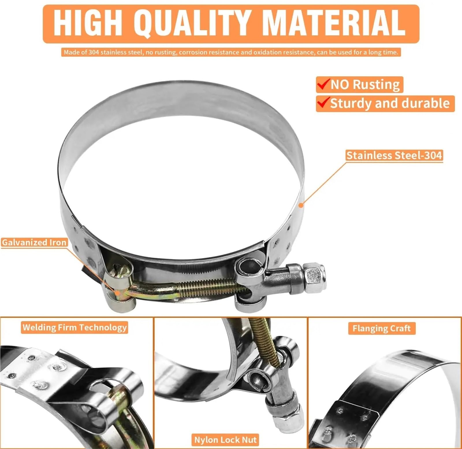 4 fascette stringitubo con bullone a T da 3,8 cm, regolabili in acciaio inossidabile 304, per riparazioni in metallo (4 pezzi, 70-78 mm)