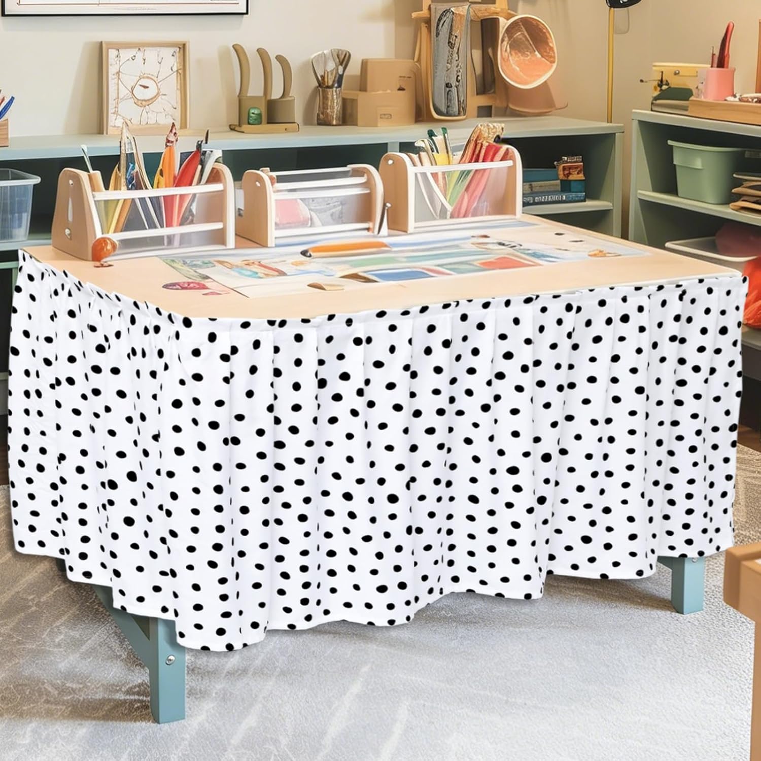 14Ft Black and White Polka Dots Table Skirt Cloths Teacher Desk Skirts for Classroom Decorations Rectangle Tablecover Skirt for Preschool Office Bookcase Cabinet Decorations Back to School Supplies