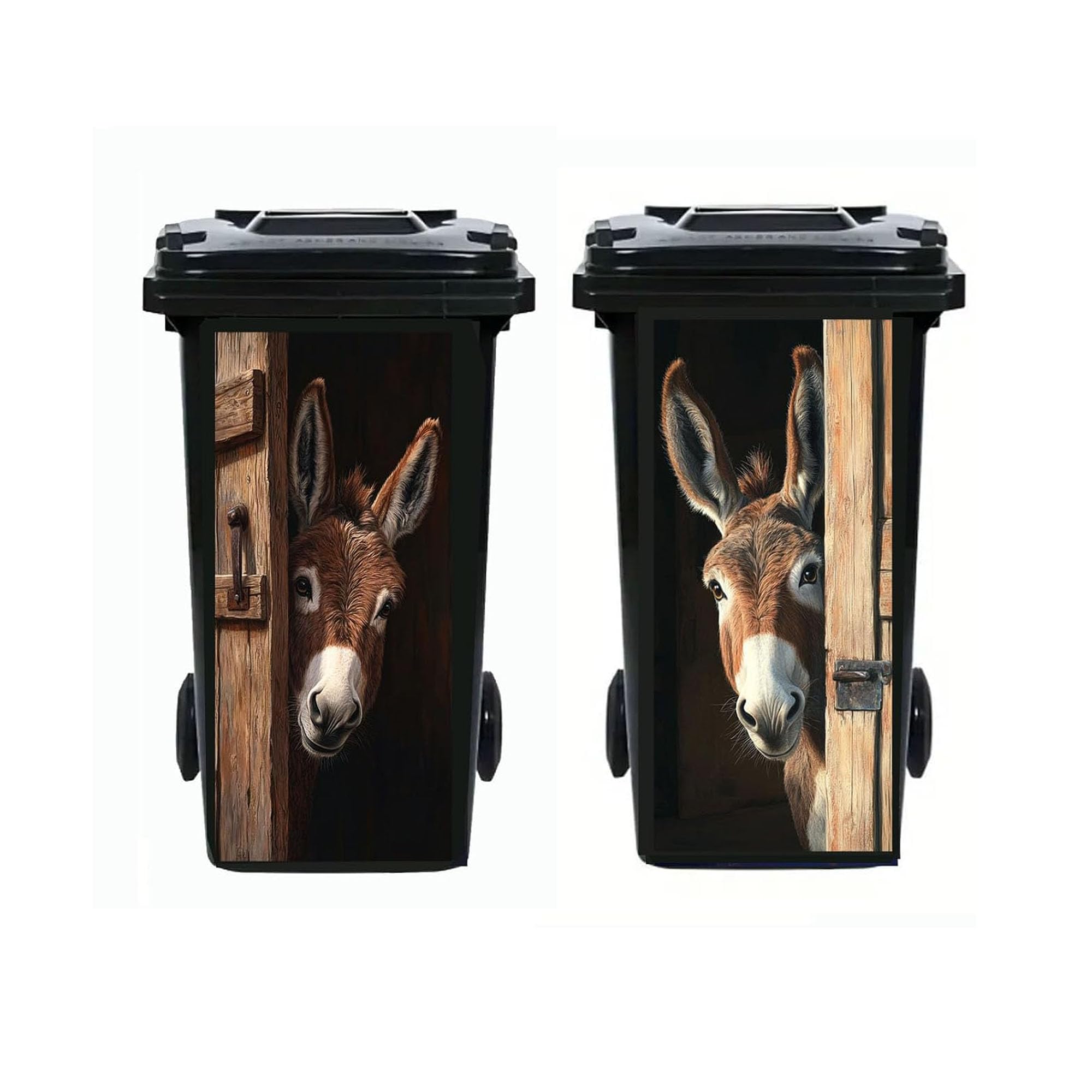 2Pcs Donkey Dustbin Sticker Decals,14.57×32.28in Raccoon Wheelie Bin Stickers Self Adhesive Panda Peeking Decal for Door Trash Cans Bins Driveway Garden Outdoor Patio Decor (Donkey)