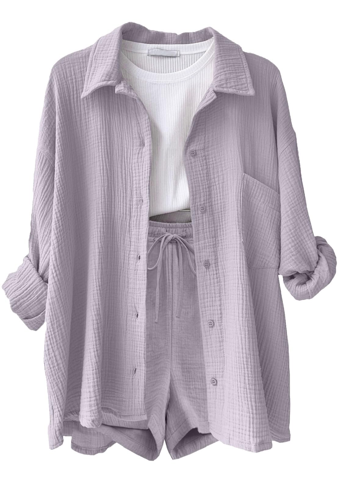 CheChury Conjunto Verano Mujer Conjunto de 2 Piezas Algodón Lino Chándal de 2 Piezas Verano Mujer Casual Camisa Manga Larga y Pantalón Corto con Bolsillo Cómodo Moda Color Sólido para Vacaciones Playa - 2