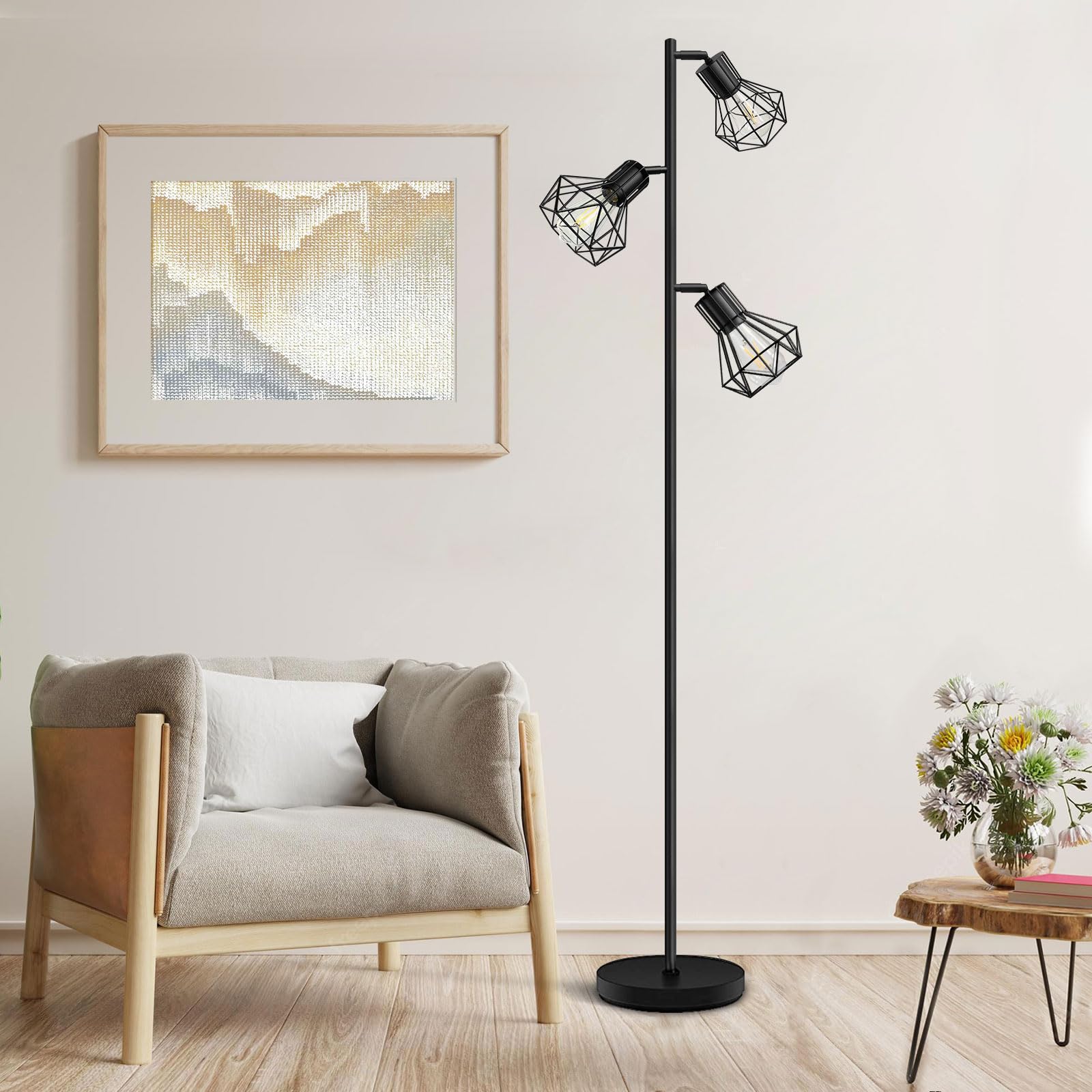 BBHome Lampada da terra industriale, lampada da terra ad albero di fattoria con teste a gabbia regolabili, lampade da terra rustiche per ufficio camera da letto soggiorno, nero (lampadine non incluse)