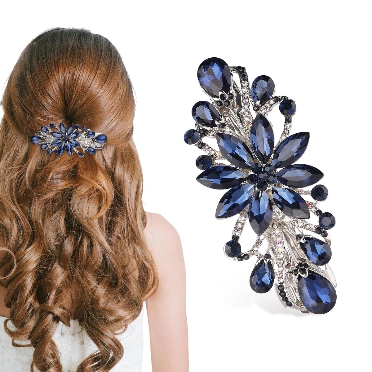 MAYCREATE Hair Clips For Women Floral Rhinestone Center Clips For Hair For Women Stylish Spring Hair Barrette Back Clips For Hair, Blue-image-8