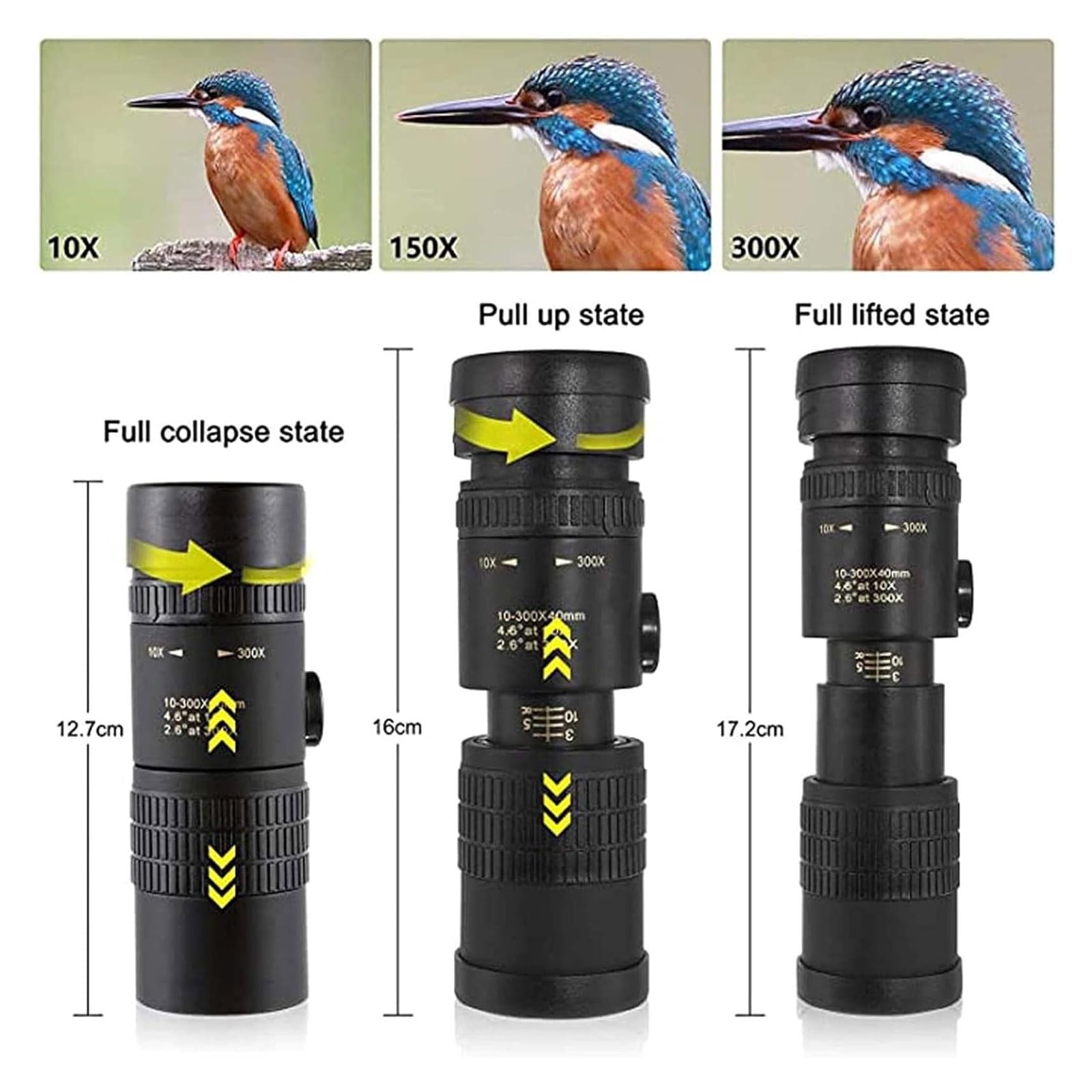 Telescopio monocular de Alta Potencia con Zoom HD 4K 10-300x40 mm, Impermeable, de Alta definición, con Soporte for teléfono Inteligente y trípode for observación de Aves y Senderismo