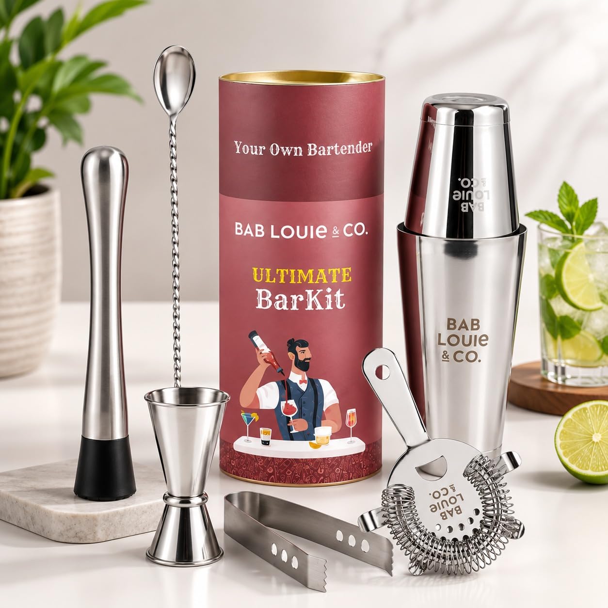 Bab Louie & Co. Bar & Cocktail Set, Ultimate BarKit, Cocktail Shaker Set for Drink Mix, Set of 6 Stainless Steel & Anti Rust Bar Accessories, BarKit for Gift, Best Gifts for Bartender 2