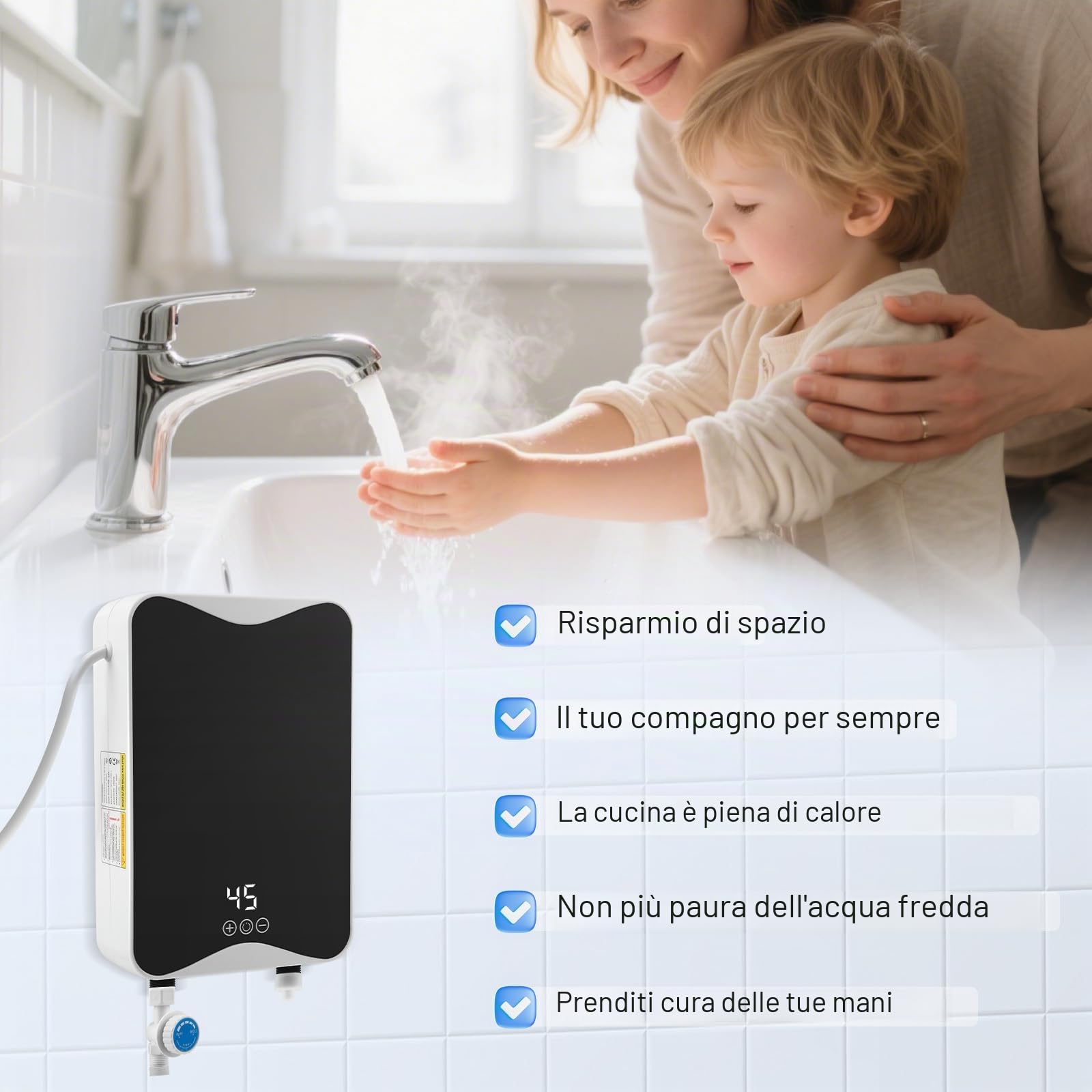 Scaldacqua elettrico 230V 5500W Scaldacqua elettrico istantaneo con indicatore di temperatura LED 30-55°C 20kW, impermeabile IPX4, mini scaldabagno per doccia, bagno, cucina