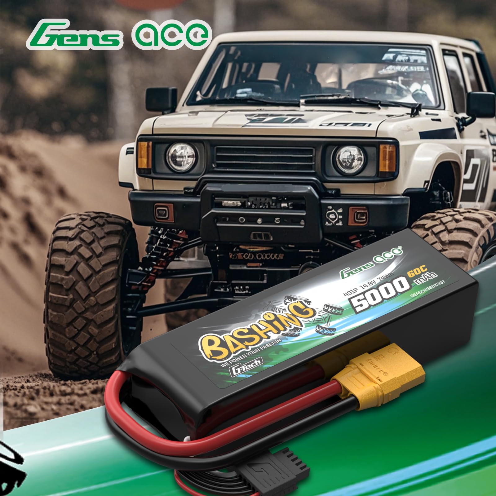 Gens Ace 4S 14,8V 5000mAh 60C LiPo Akku G-Tech mit XT90 Stecker, Bashing Serie für 1:8 & 1:10 RC Autos, Monster Trucks und Offroad-Modelle