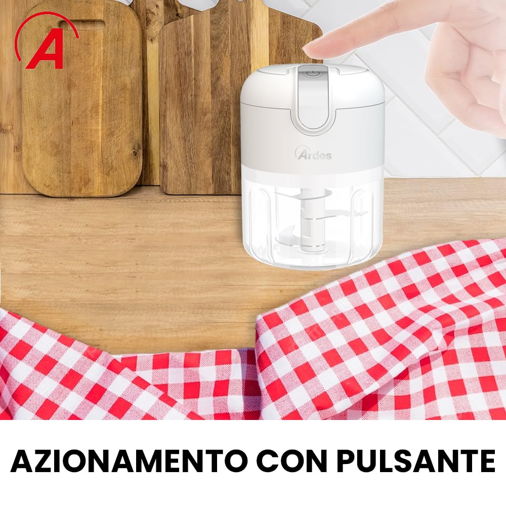 ARDES - ARCHOP02 Tritatutto da Cucina Elettrico Ricaricabile Senza Fili - Tritatutto Elettrico 3 Lame in Acciaio INOX - Mixer Cucina 250 ml - Trita Tutto Portatile