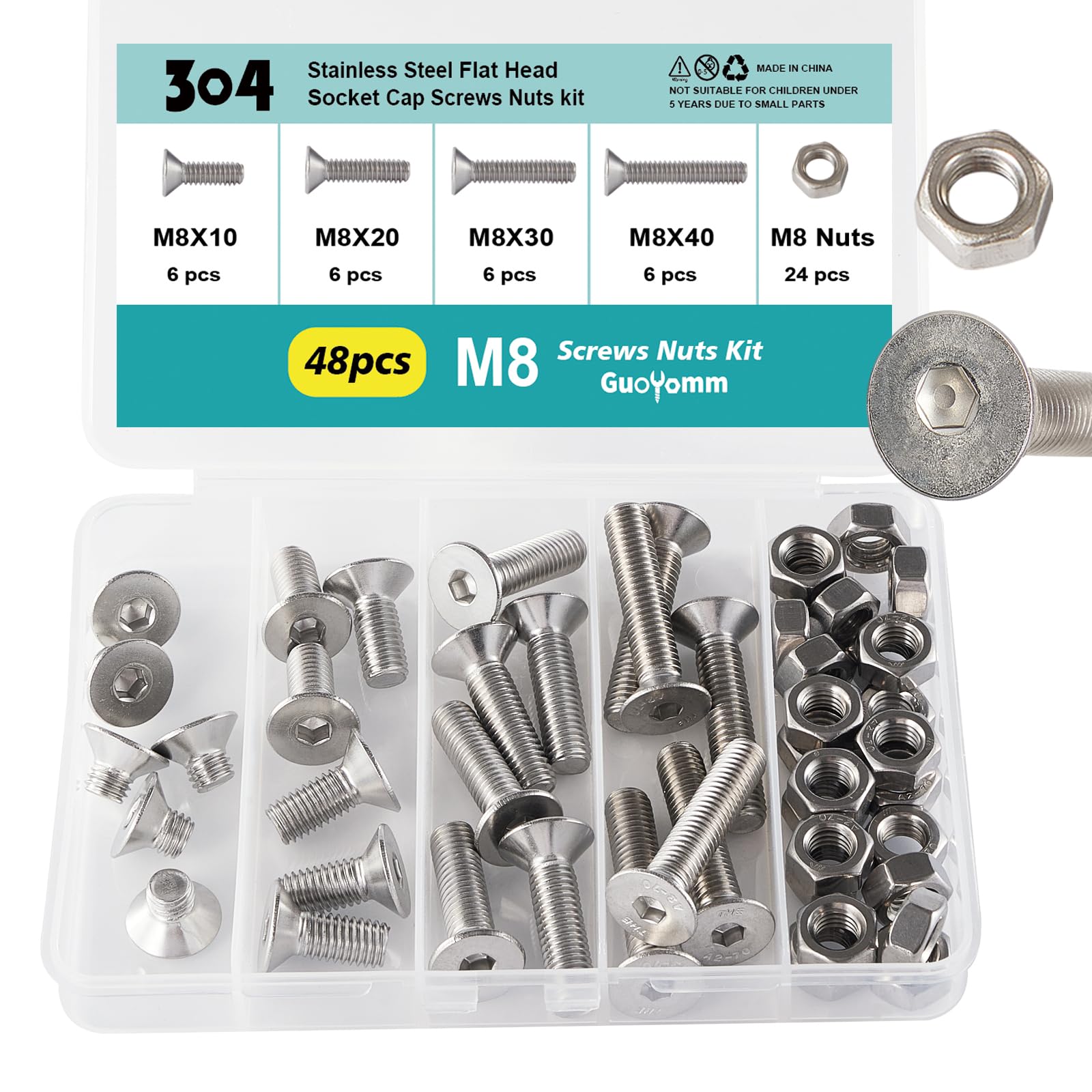 M8 x 10 mm, 20 mm, 30 mm, 40 mm, testa piatta, viti a testa esagonale, bulloni e dadi, in acciaio inox 304, finitura lucida, filettatura completa, kit assortito da 48 pezzi