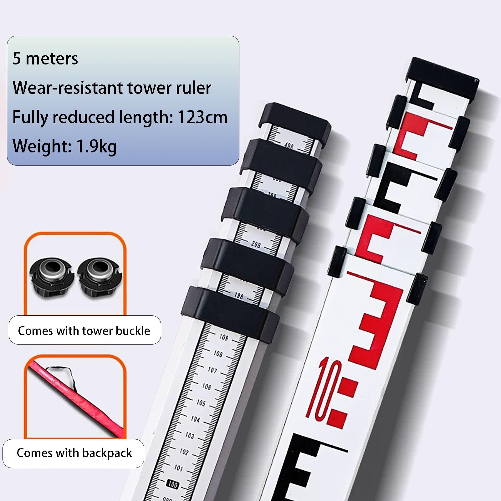 Vara de medición telescópica de Aluminio (10 m, Escala de 1 mm) para topografía y construcción.