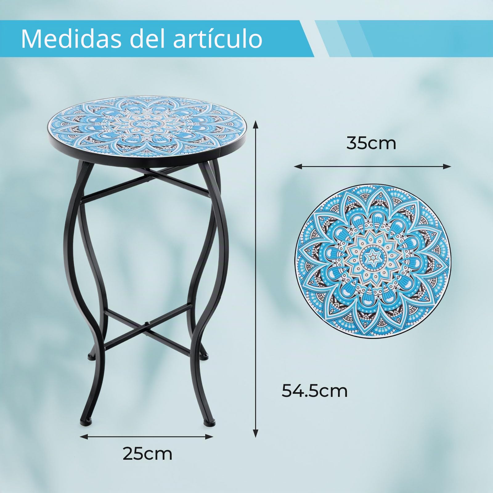 GOPLUS Mesa auxiliar de mosaico, mesa auxiliar redonda con bandeja de baldosas y marco de metal resistente, soporte para plantas, apto para balcón, terraza, jardín, 30 x 30 x 50 cm (azul+negro)
