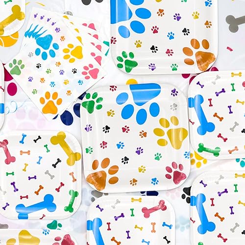 Miniatura 4 de Suministros para fiestas de perros, sirven 20  81 piezas, platos, servilletas, manteles, tenedores, juego para perros, decoración de fiesta de