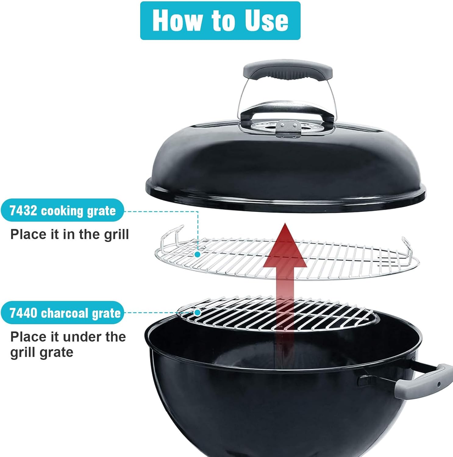 Hisencn 7432 Cooking Grate, 7440 Charcoal Grate for Weber 18.5 Inch One-Touch, Bar-B-Kettle, Smokey Mountain Cooker Smoker, Jumbo Joe, Original Kettle Grill, 17.5 inch Cooking Grate with 1 Thermometer