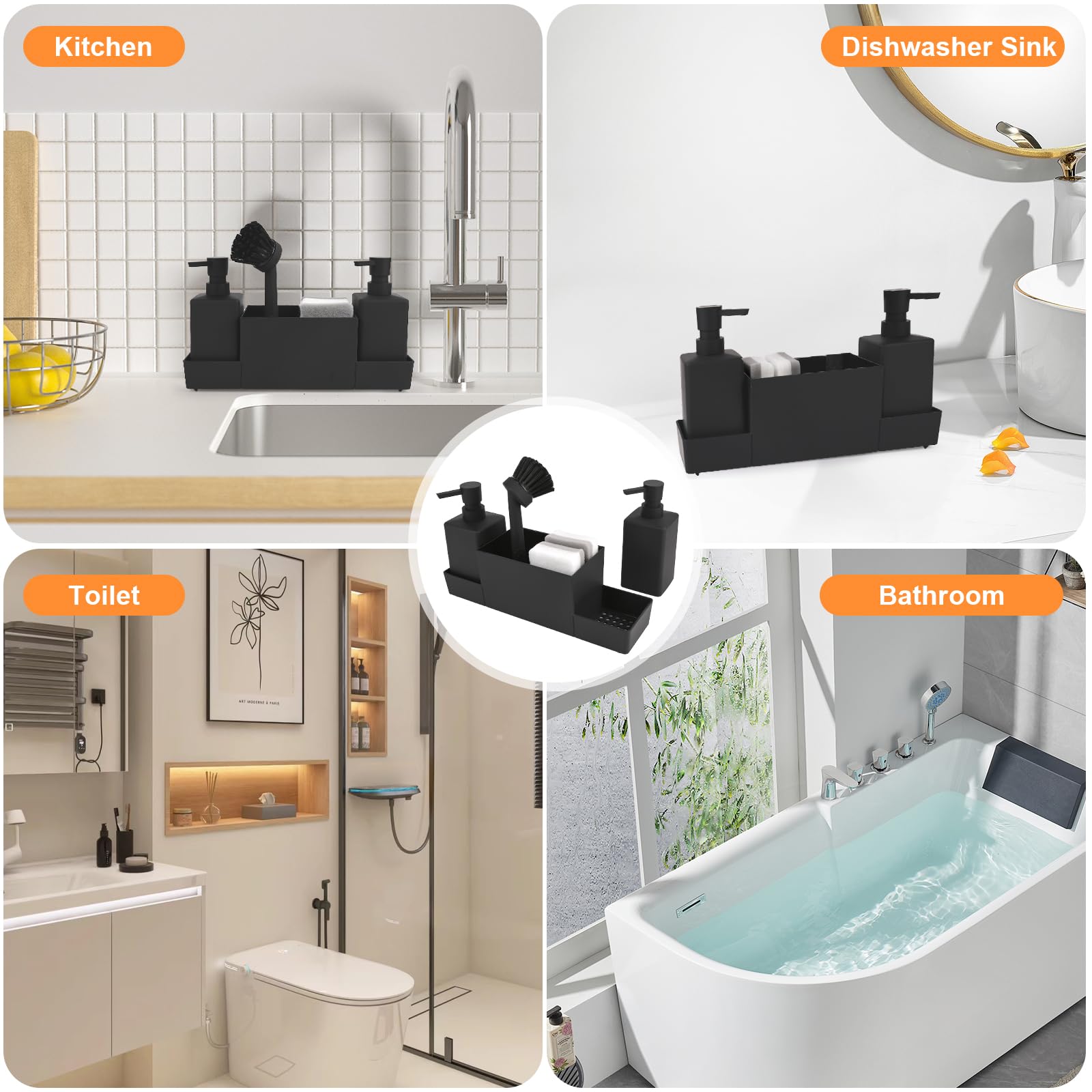 Dispenser Di Sapone Da Cucina, Porta Spugne Con Dosatore, Set Bagno Porta Sapone e Spazzolini,Con Spugna e Spazzola, Per Box Lavello,Cucina,Bagno (Nero)