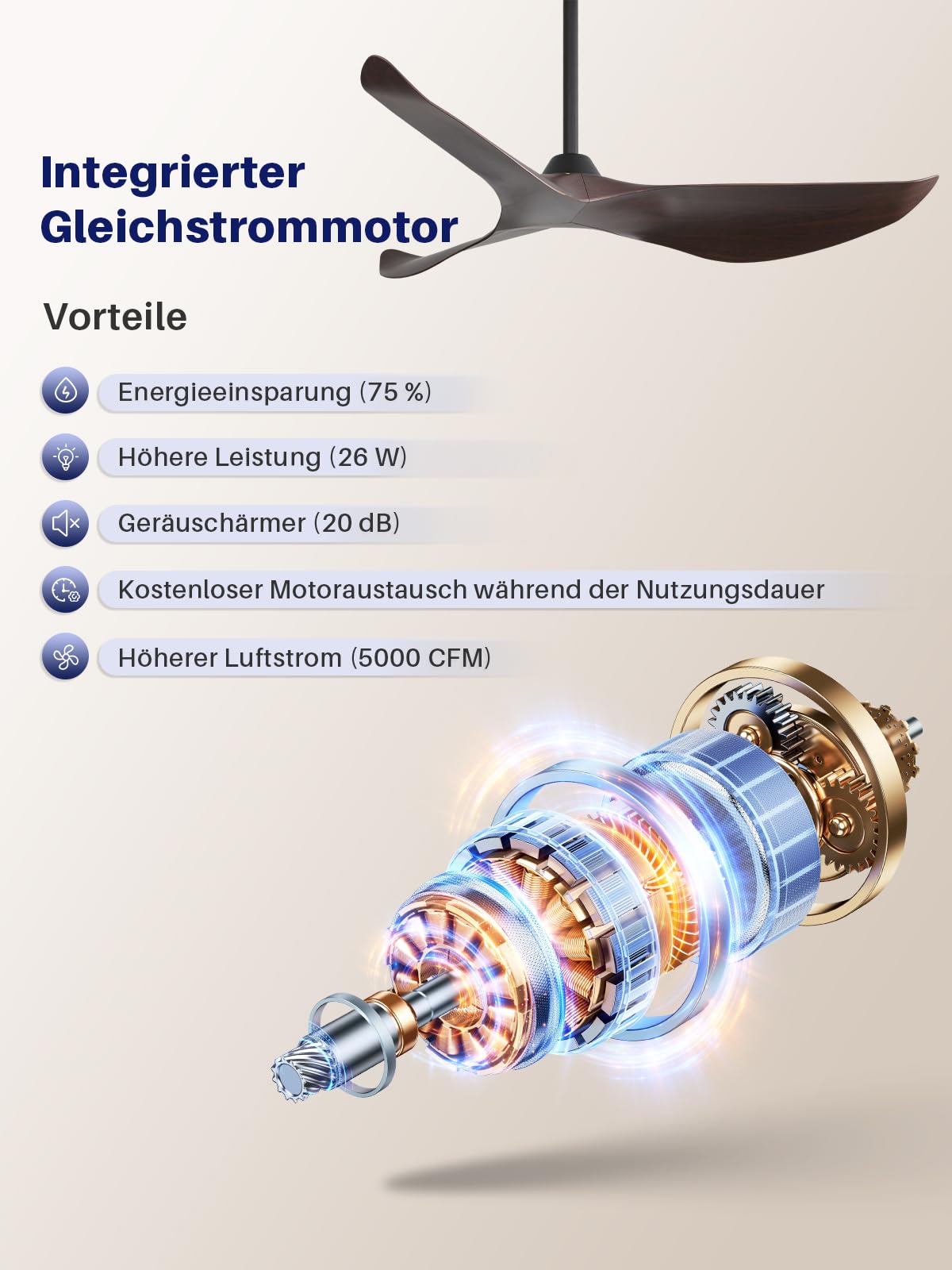 Sofucor Deckenventilator mit Fernbedienung,132cm Leise Deckenventilator ohne Licht, DC Motor, Timer, 3 Flügeln, 6 Geschwindigkeiten, Sommer Winterbetrieb für Schlafzimmer Wohnzimmer