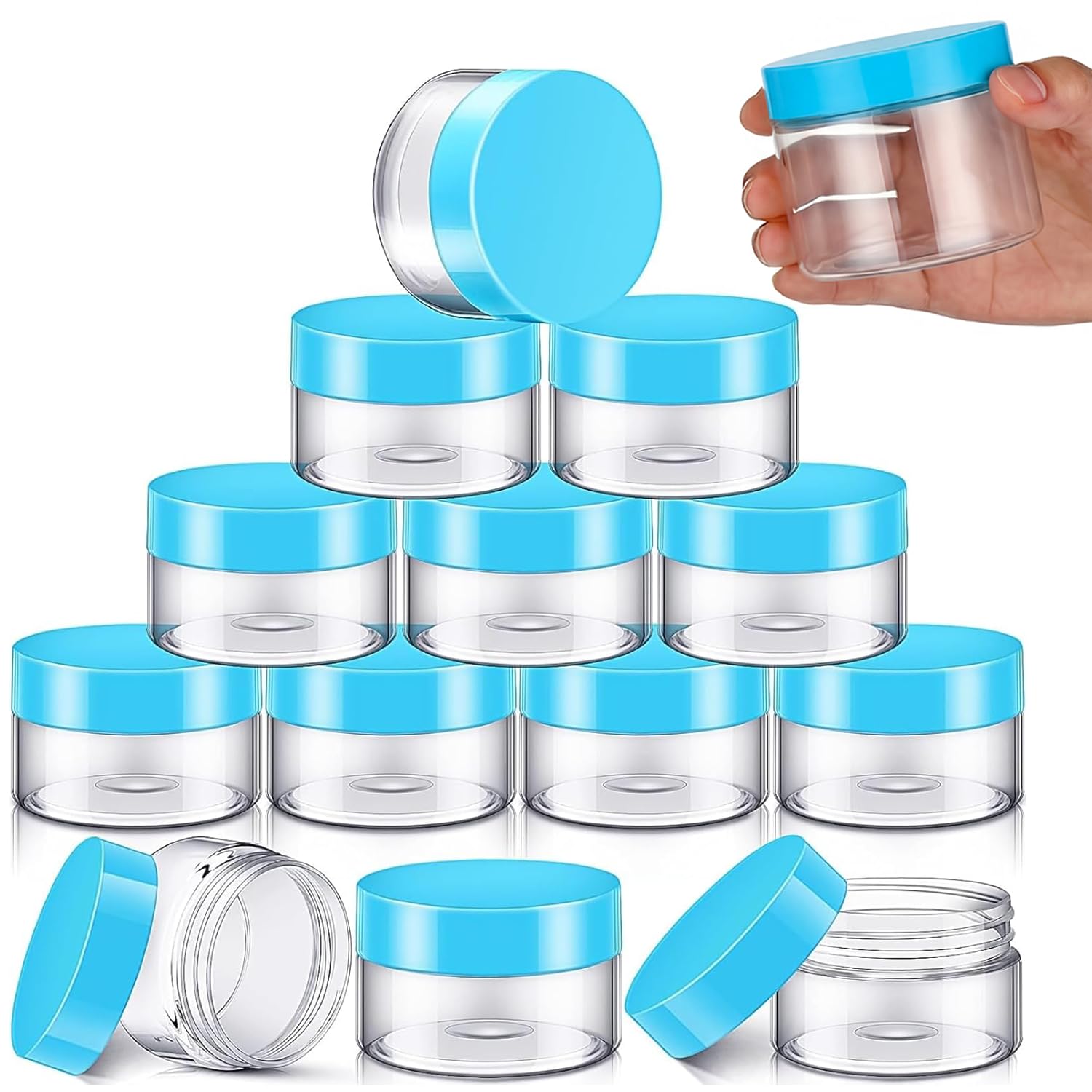 SATINIOR 12 Pack 6 oz Plastic Container Jars with Lids Round Clear Travel Cosmetic Container Slime Jars for Toiletries, Lotion, Cream, Ointments, Makeup, Rhinestone, Samples, Kitchen Storage(Blue)