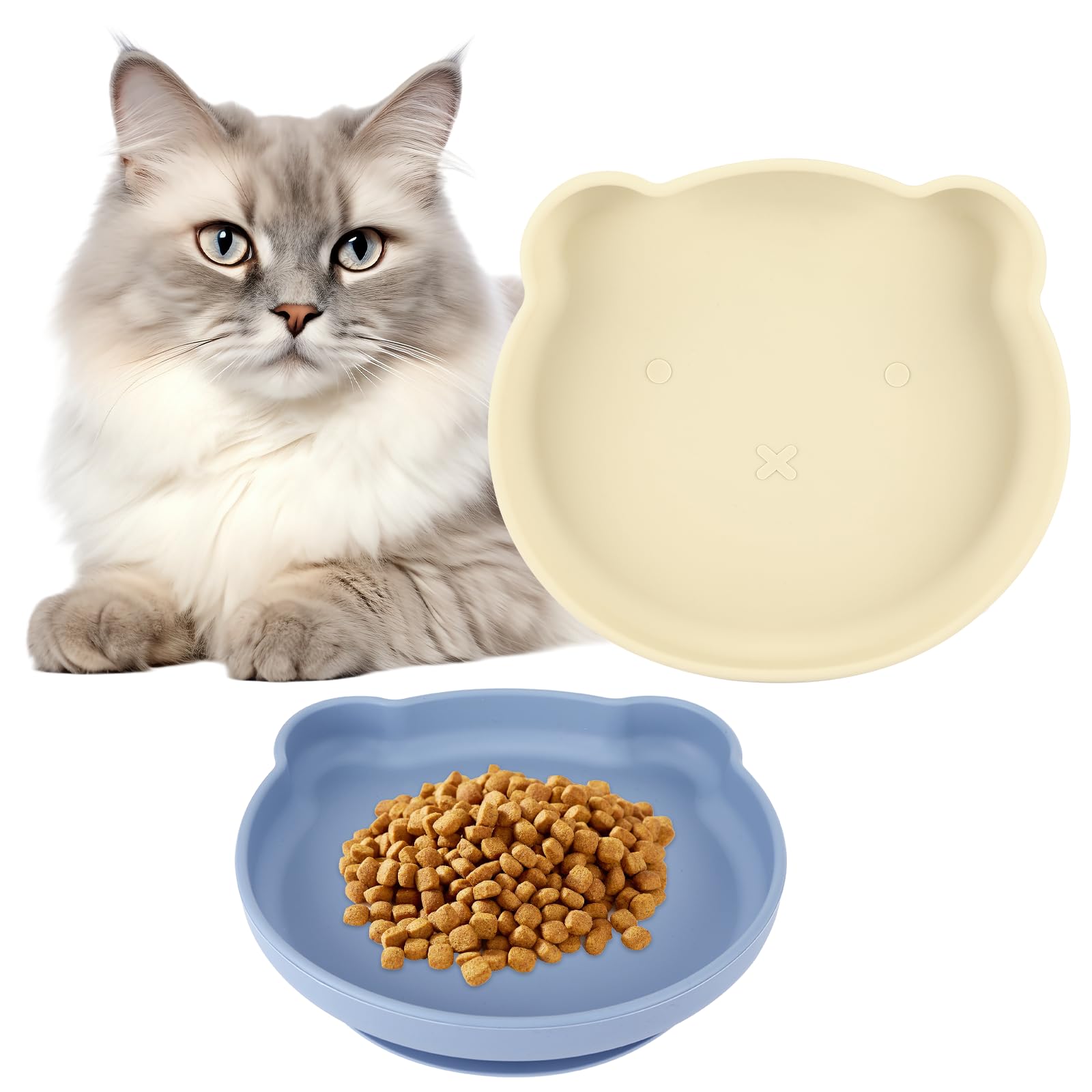 Comedero para Gatos, 2 Piezas Cuenco Gato en Silicona para Alimentos Húmedos y Secos, Antideslizante Platos para Gatos para Gatos y Perros Pequeño (Azul + Caqui)