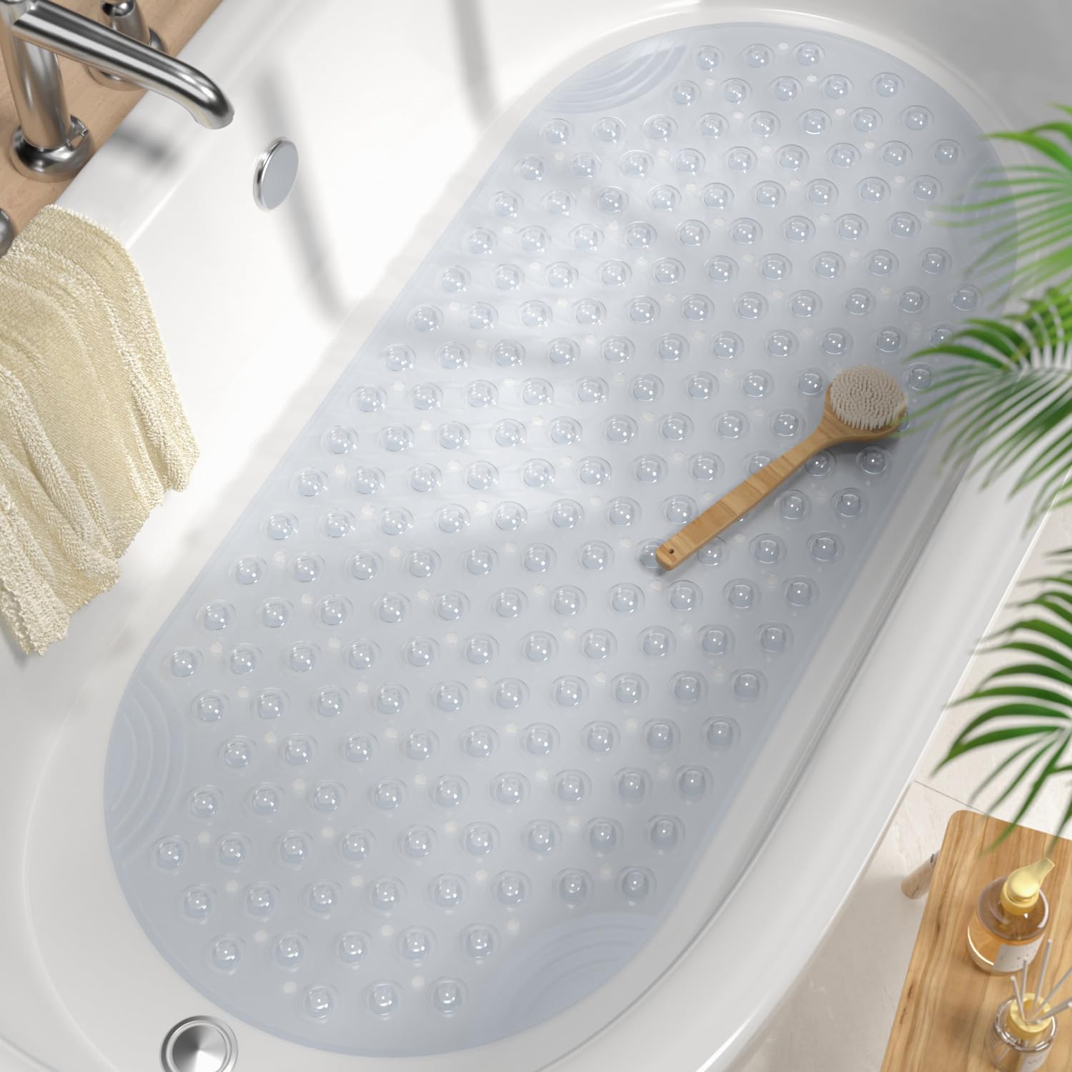 HITSLAM Bath Mat, Bath Mat Non Slip Anti Mould for Tub, 88 x 40 CM Oval Bathroom shower mat, Machine Washable PVC Bathtub Mat With Suction Cups and Drain Holes, Soft on Feet, Clear