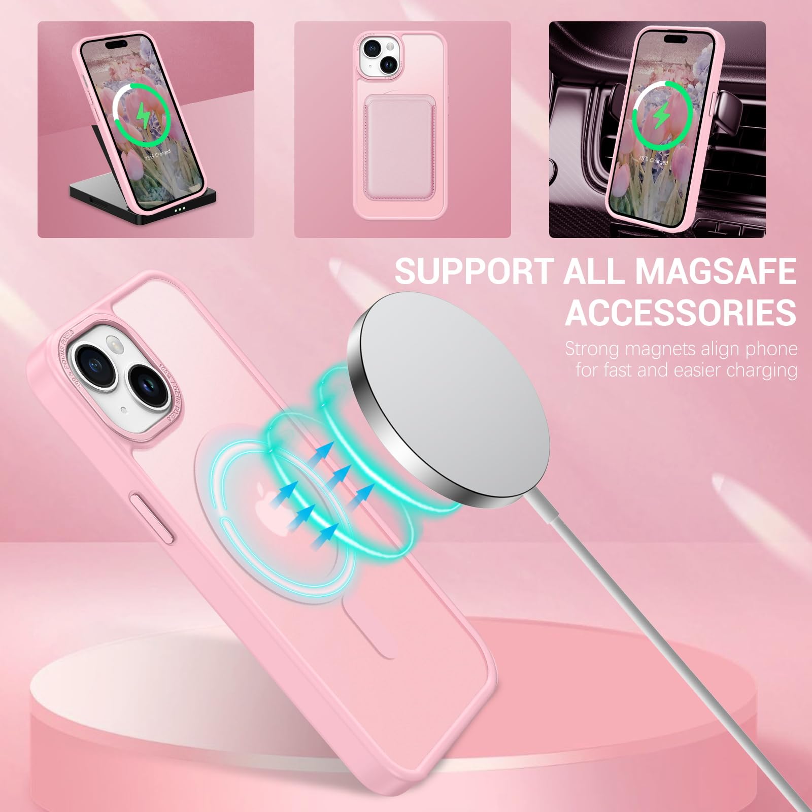 GaoBao Cover Magnetica per iPhone 15 Pro 6,1, [Compatibile con MagSafe] Custodia Traslucida Opaca Protettiva Sottile Antiurto Retro Resistente Anti-Scivolo Case per iPhone 15 Pro 6,1, Rosa