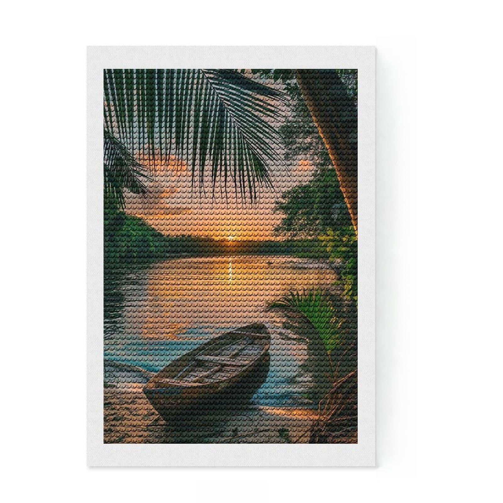 Junmoney Tropical Fishing Boat Diamond Painting Kit 8"x12", Decorate Your Room, Neat Printed Canvas, Adhesive Canvas, Bedroom Decor