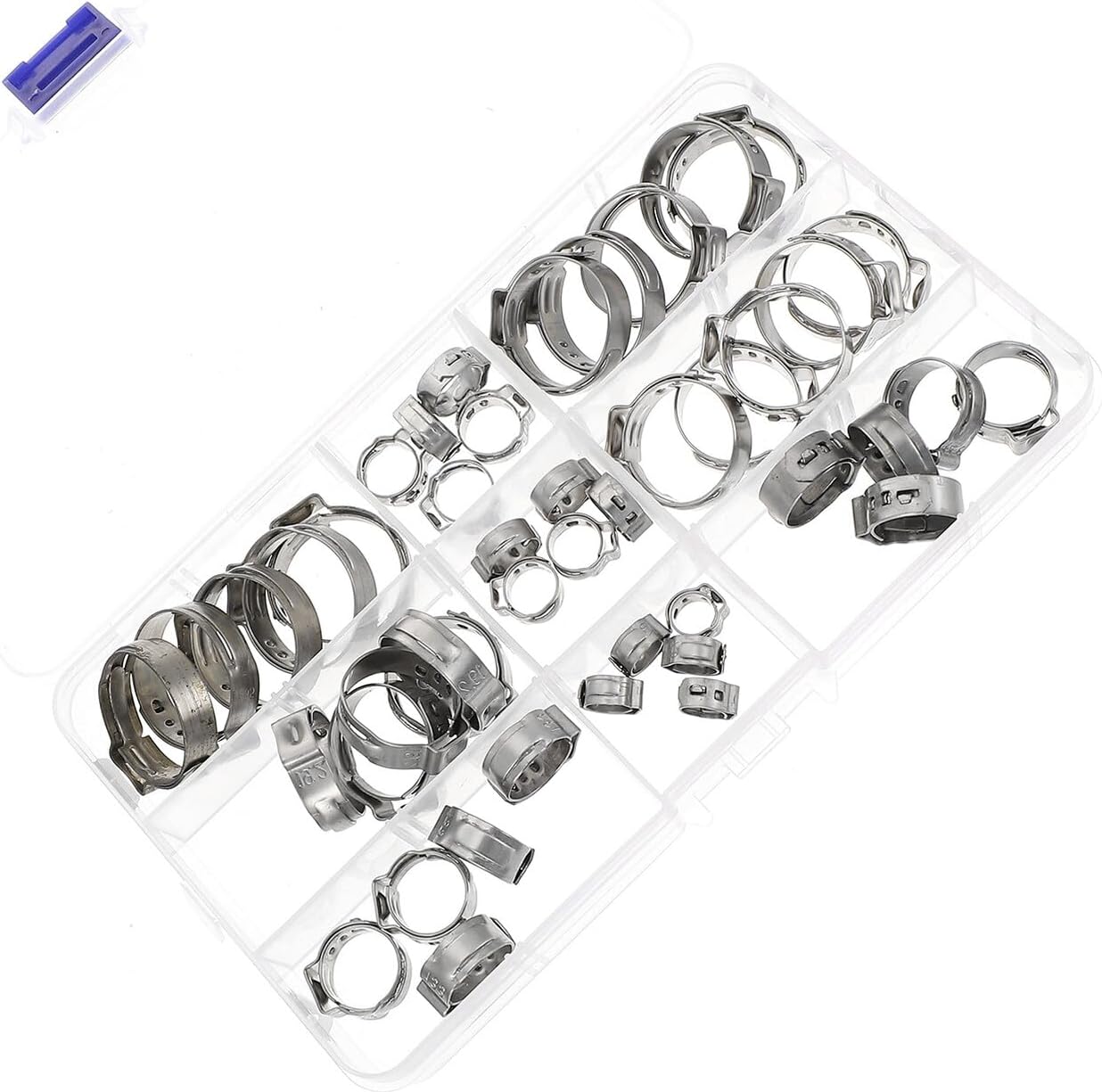 45pcs Stainless Steel Single Ear Crimp Hose Clamps, Adjustable Water Drain Hose Fasteners, Sturdy Garden and Utility Pipe Clamp Set