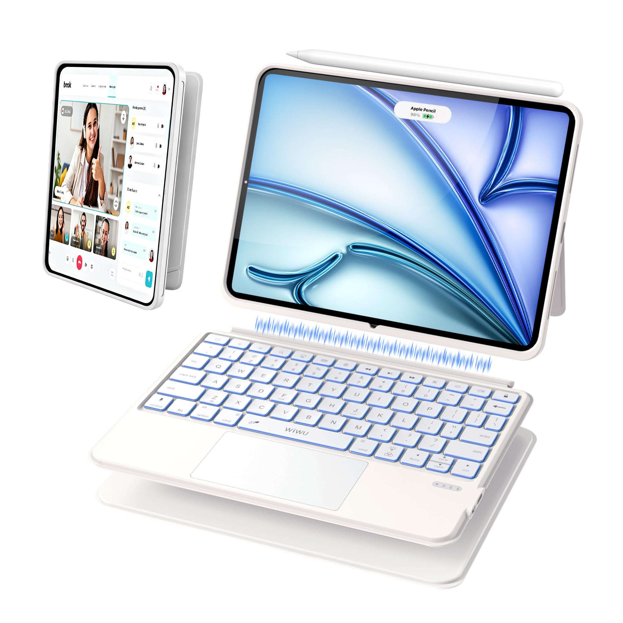 WIWU iPad Air M3 11 inch Keyboard Case Magnetic Detachable Backlit White | for iPad Air 11"(M2/M3/M4) 11th/10th Air 5/4th Pro 11"4/3/2/1 Adjustable Stand Touchpad No Lag Sleep Mode Removable Case