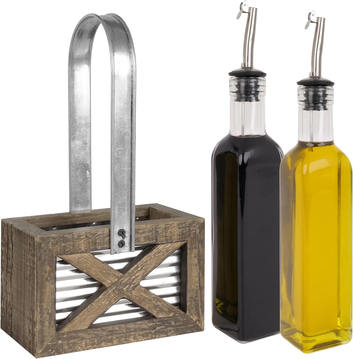 Autumn Alley Rustic Farmhouse Oil and Vinegar Dispenser Set - Oil and Vinegar Caddy Holder Set of Weathered Wood, Galvanized Metal - Adorable Rustic Kitchen Decor -250ml 8 oz