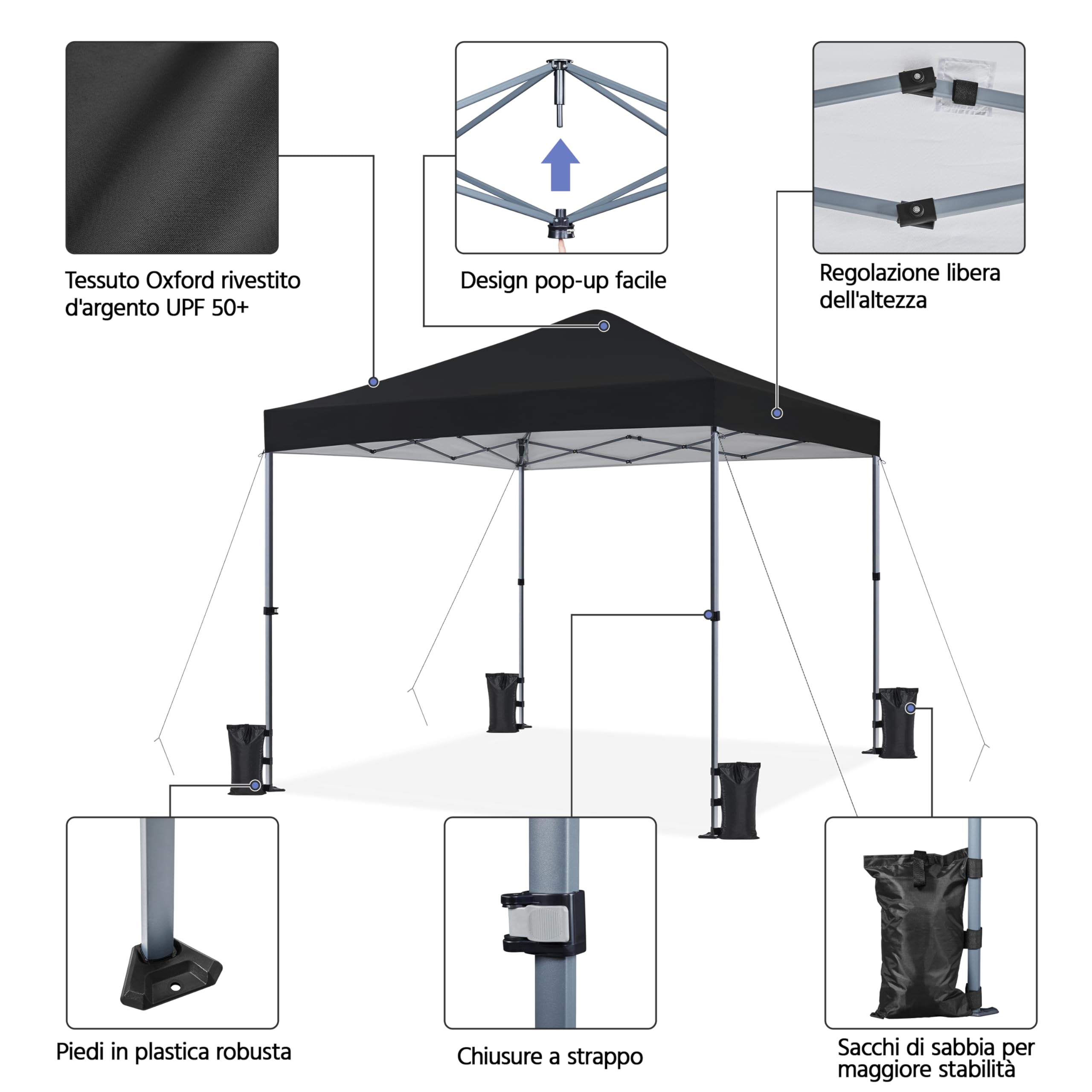 Yaheetech Gazebo Richiudibile Pieghevole Impermeabile 3x3 m in PVC Gazebo Pop Up Altezza Regolabile Tessuto Oxford Adatto per Terrazza Fiera Feste Giardino Mercato Campeggio Bar Pub Nero