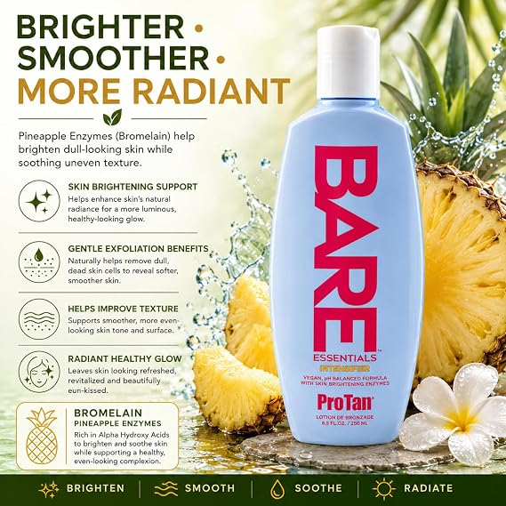 Pro Tan Bare Essentials Intensifier Tanning Lotion 8.5 fl oz Vegan pH Balanced Formula with Aloe, Coconut Oil, Jojoba & Vitamins Indoor Outdoor Tan Enhancer with Skin Brightening Enzymes