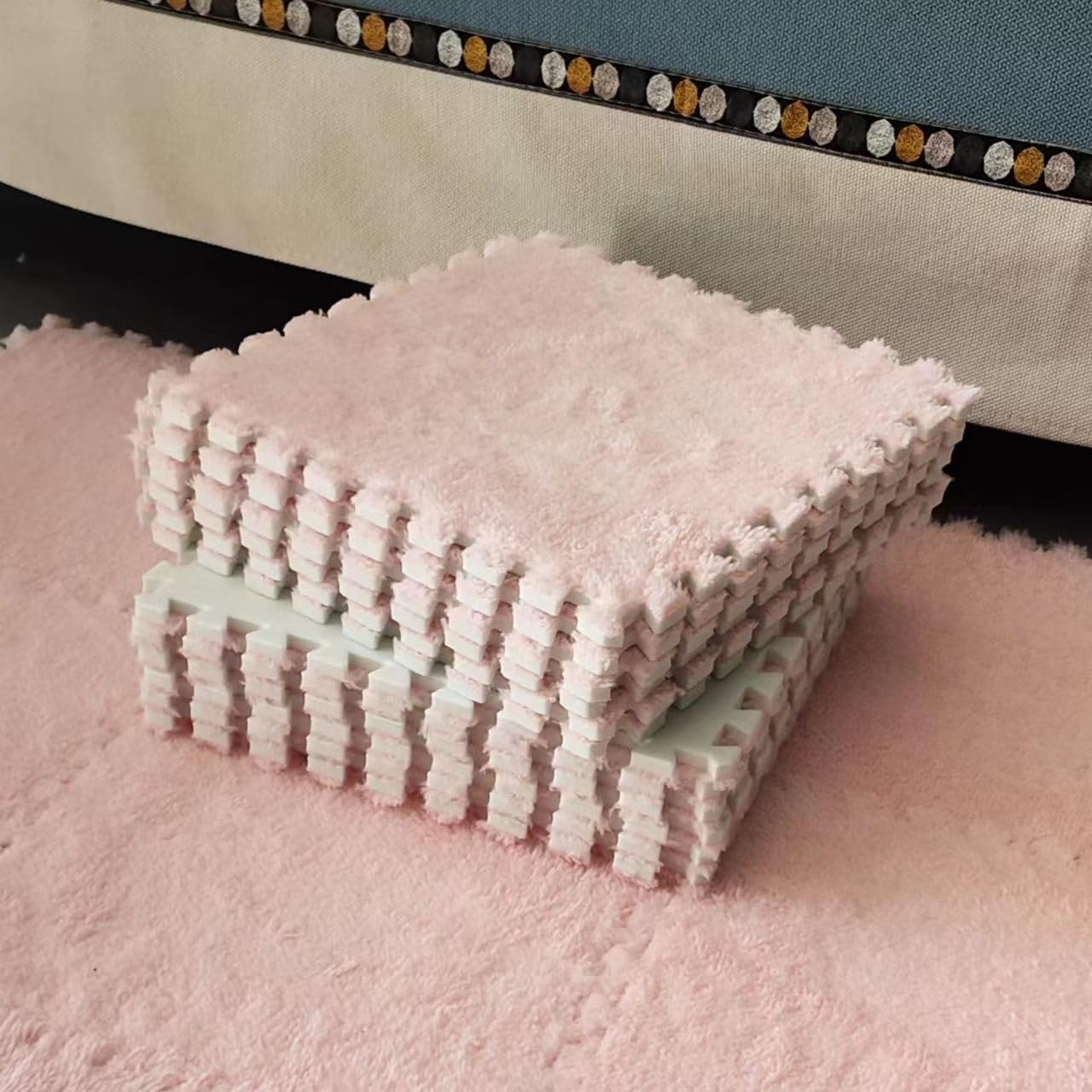 Plüsch-Schaumstoff-Bodenmatte, DIY-Puzzle-Teppich, 30 x 30 x 1 cm, weiche Spielmatten, Schlafzimmer-Krabbelmatten, rutschfest, ineinandergreifender Teppich, Teppich (30 Stück, Rosa)