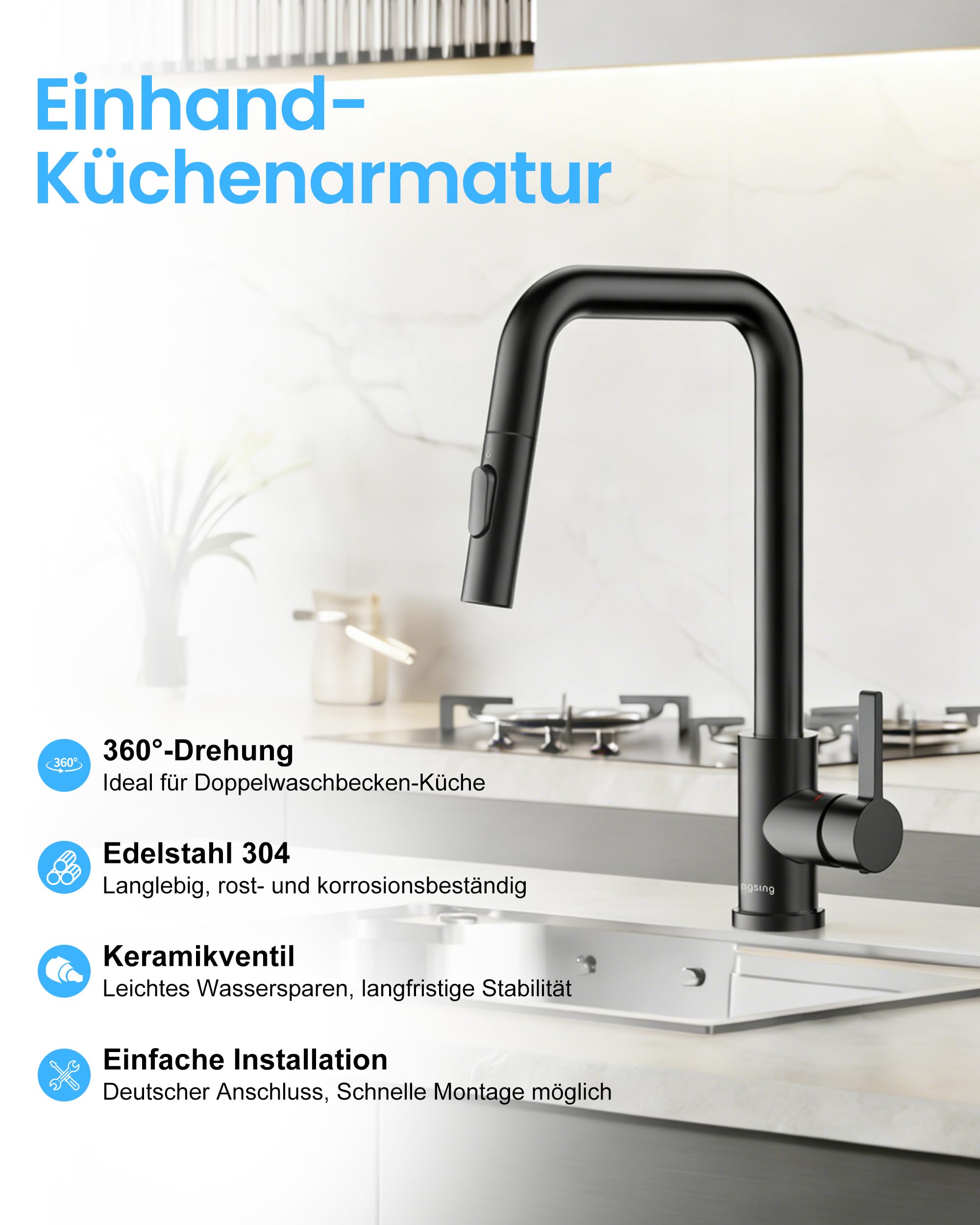 Wasserhahn Küche Schwarz, Hochdruck Küchenarmatur mit Brause | 304 Edelstahl Küchenarmatur Ausziehbar, Armatur 2 Strahlarten, Spültischarmatur Küche, 360° Schwenkbar, DVGW-Zertifiziert