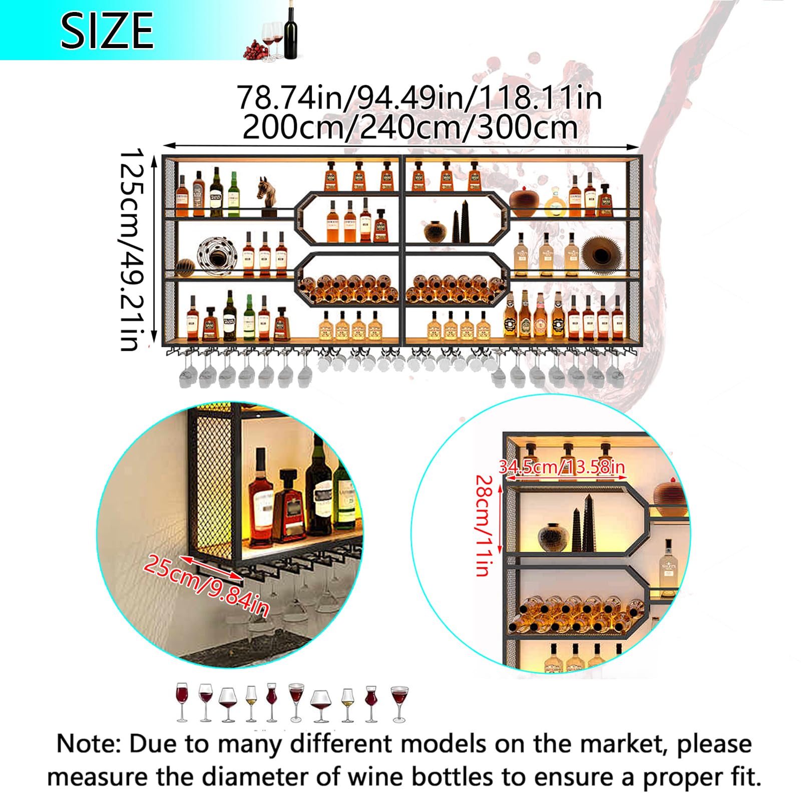 Portabottiglie industriale da parete a 4 ripiani, multifunzionale, in metallo, per casa e bar, soluzione salvaspazio dal design elegante (300 x 125 x 25 cm)