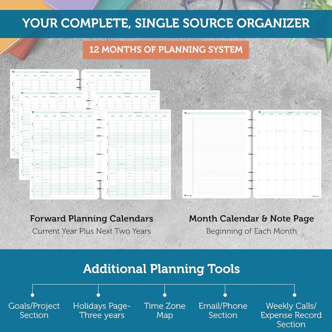 Planner Pad 7-otworowy luźny liść 3-poziomowy organizer na 12 miesięcy, październik 2025 - wrzesień 2026, miękki zielony atrament, 20 x 28 cm