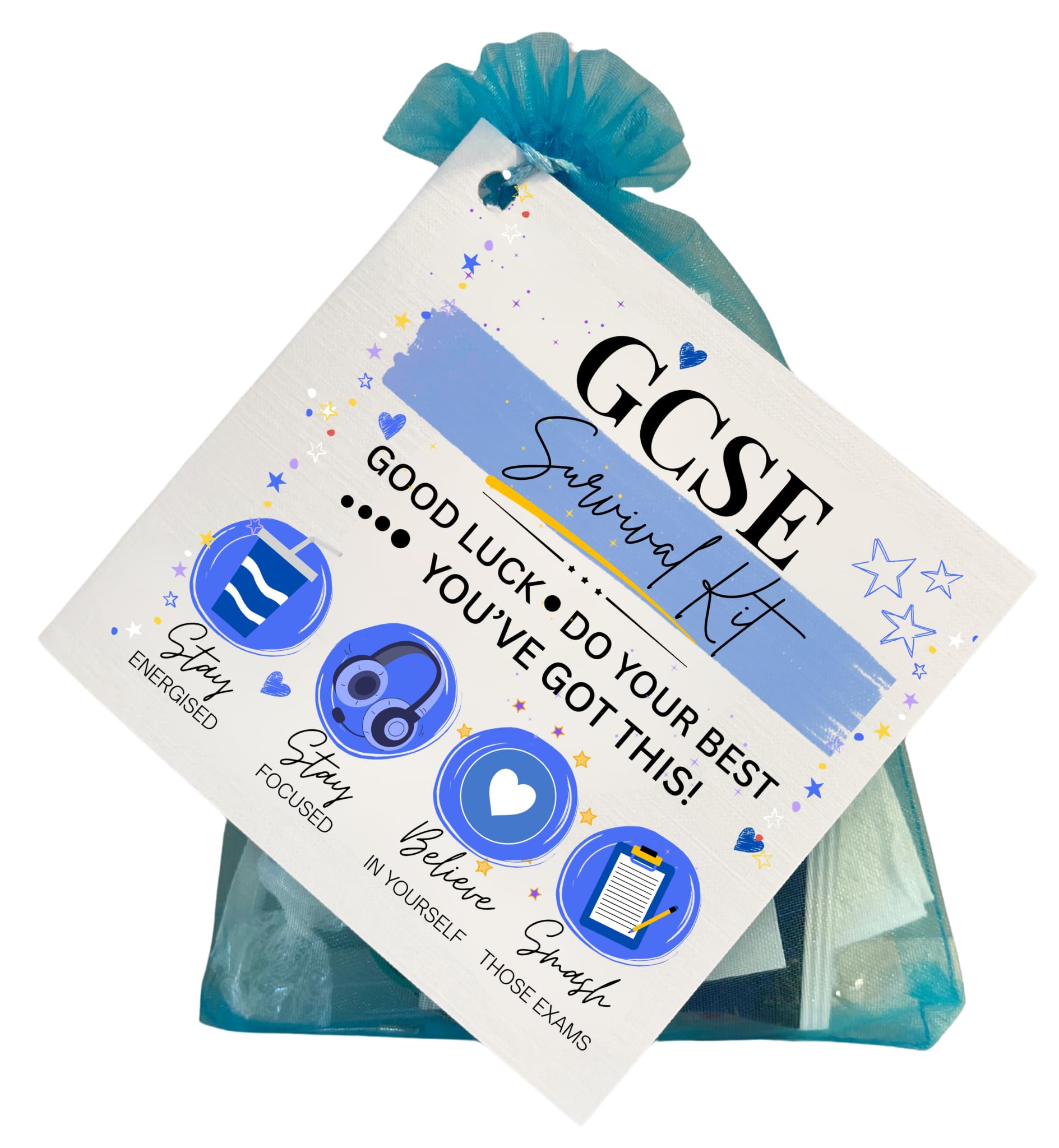 GCSE Survival Kit, Good Luck Exam Gift, 14 Items listed on the card, Blue Bag with exam Card, Novelty Theme (Blue)