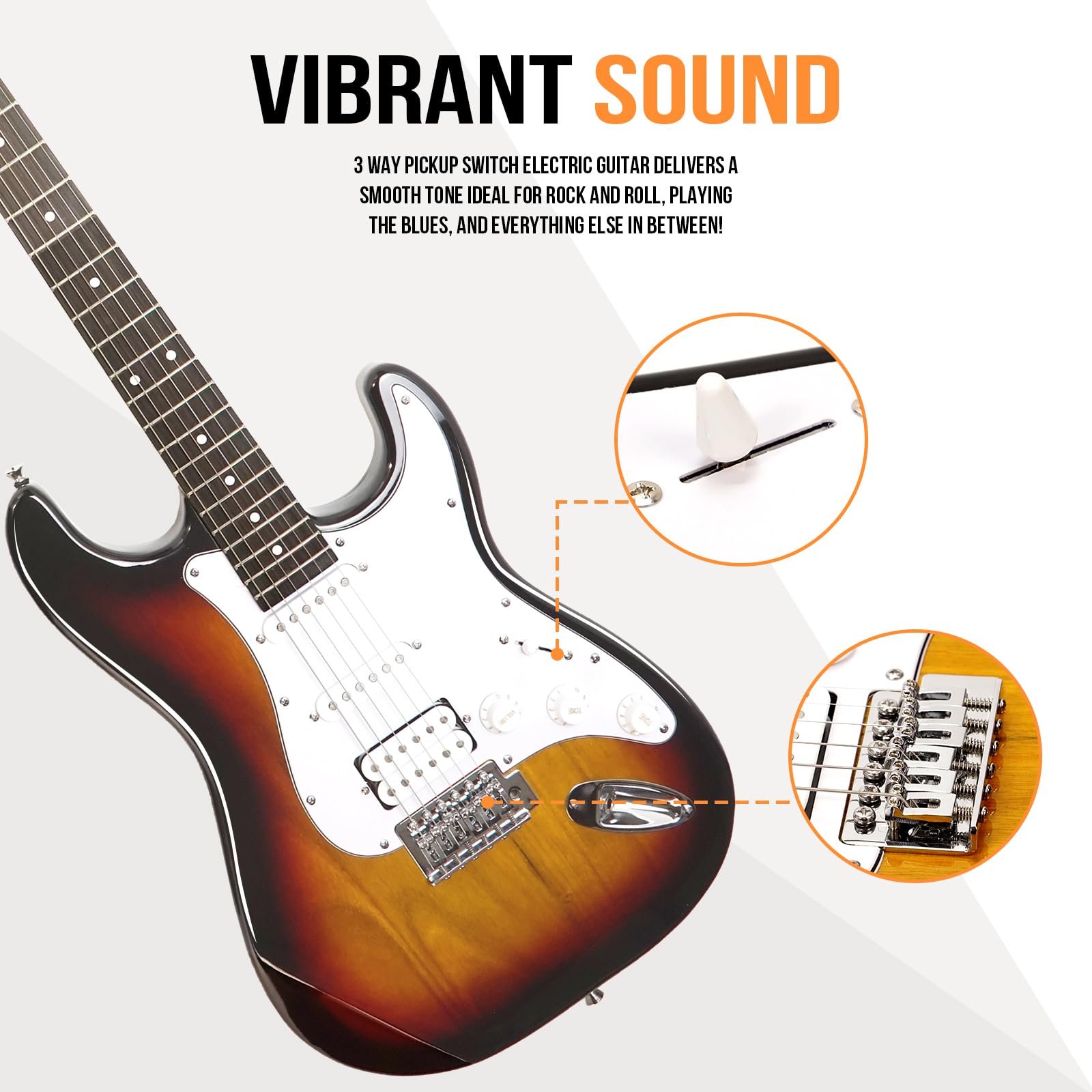 Soulmate E-Gitarren-Set für Anfänger, 99,1 cm, HSS-Tonabnehmer, solider Körper, volle Größe, E-Gitarre für Starter mit Verstärker, Tasche, Kapodaster, Gurt, Saite, Kabel, Plektren (Sunburst)