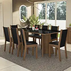 Conjunto Sala de Jantar Mesa Tampo de Vidro 8 Cadeiras Rustic/preto Justine Madesa