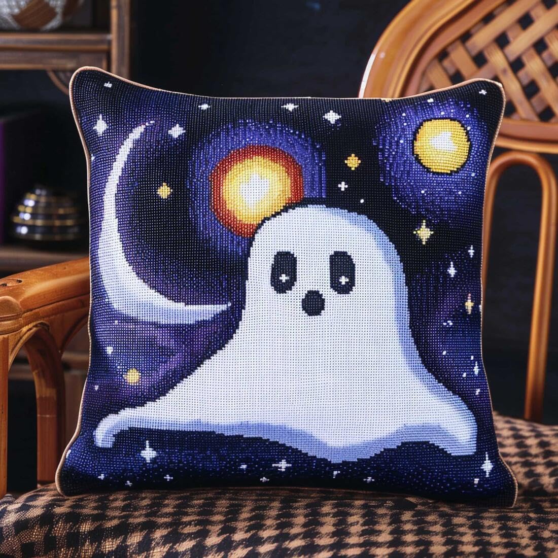 Henypt 9CT Cross Stitch Cushion Kit Cartoon Ghost DIY Cushion Embroidery Kit Needlepoint Handmade Needlework Cushions Kits Stitched Pillow Cover Set for Adults Beginners 50x50cm