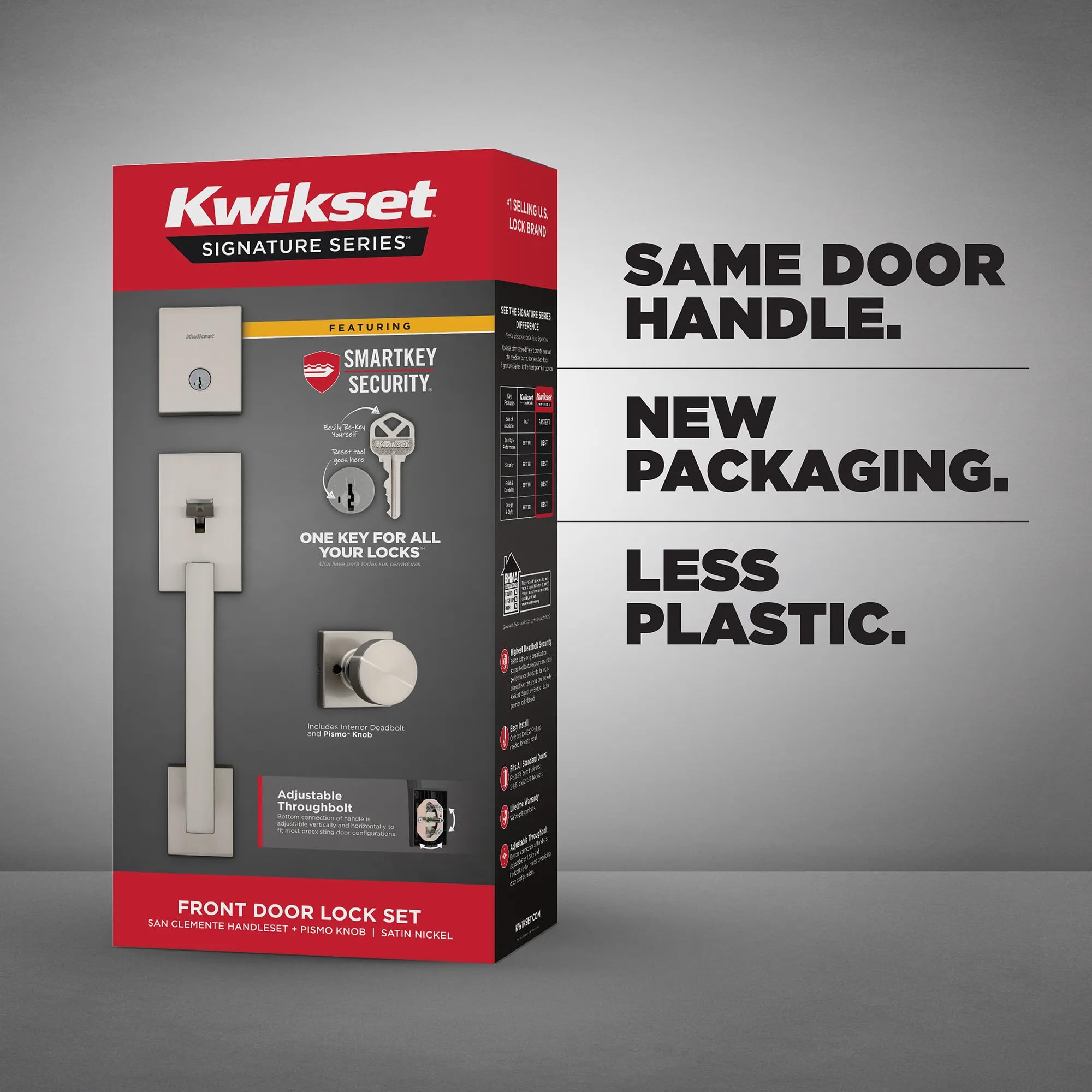 Kwikset San Clemente - Juego de manija y cerrojo de seguridad para puerta delantera, juego de manijas de entrada exterior con perilla interior cuadrada Pismo, níquel satinado, resistente a las púas