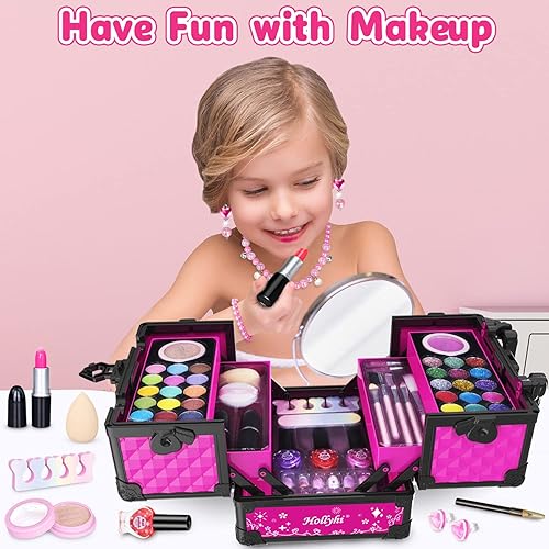 Miniatura 5 de Hollyhi Juego de 62 piezas de maquillaje para niños para niñas juego de juguetes de maquillaje lavables para vestir juego de tocador de belleza de