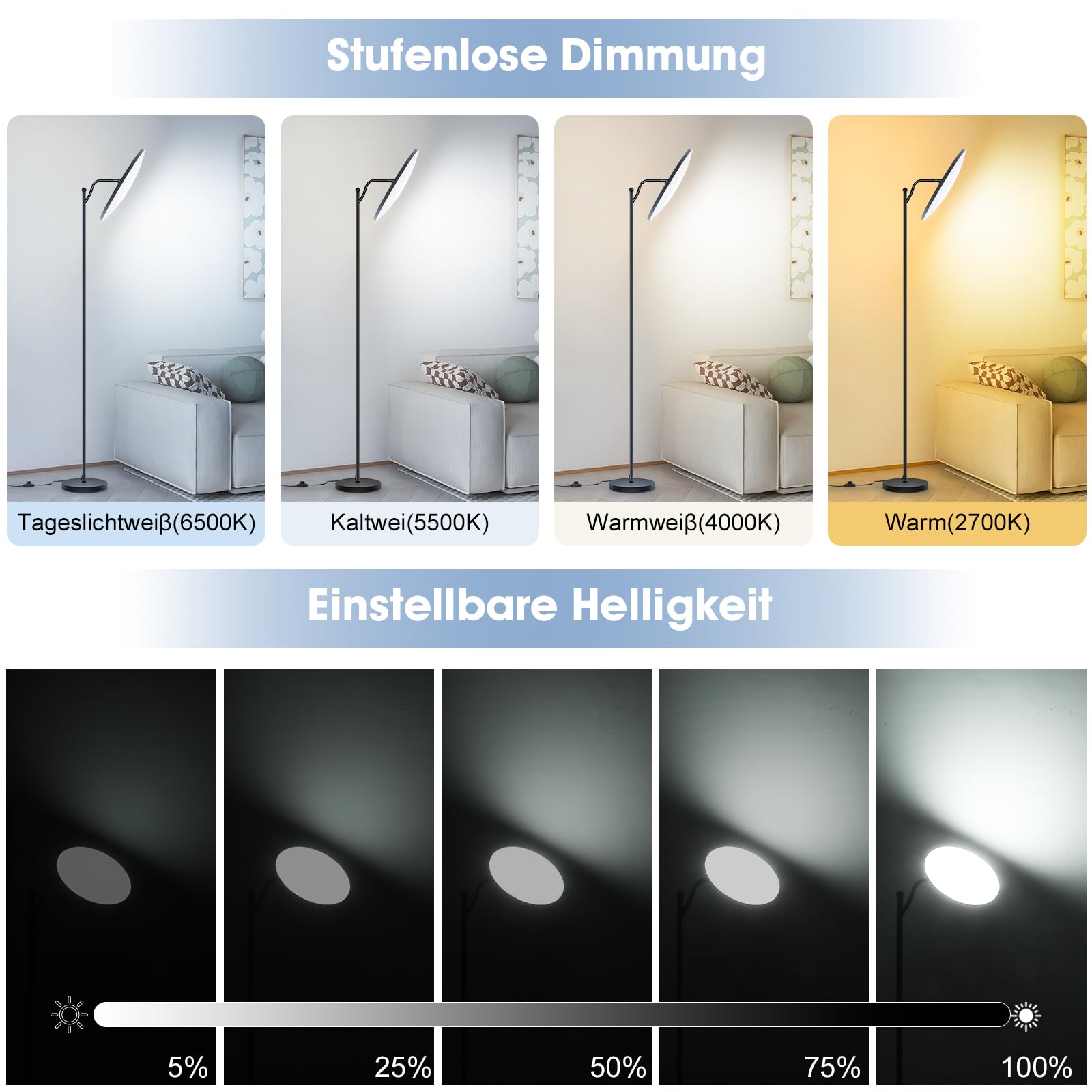 Oraymin Stehlampe Wohnzimmer 32W, Deckenfluter Stehleuchte Dimmbar mit Fernbedienung, 2700K-6500K Stehlampen LED Dimmbar Hohe Stehleuchte, Drehbare Stehlampe für Wohnzimmer Schlafzimmer Büro